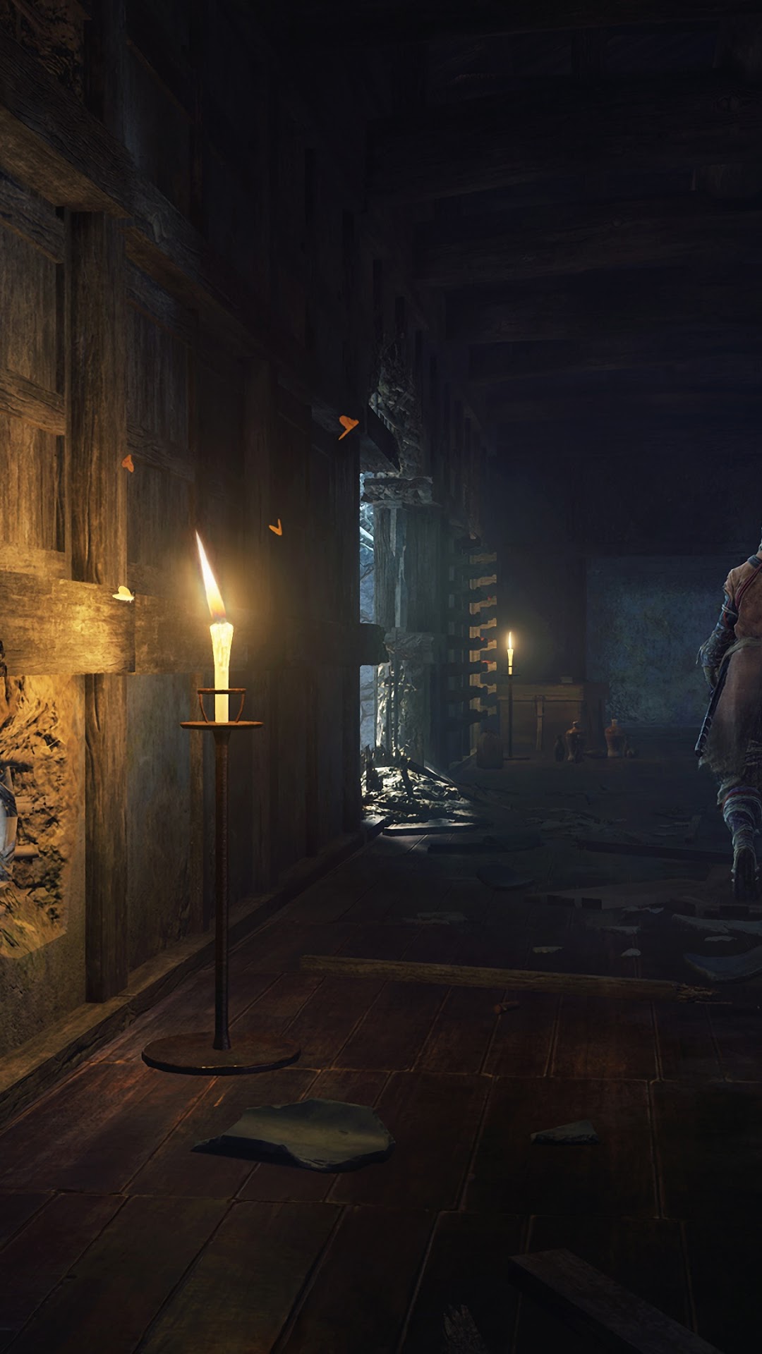Character in a dark hallway with candles HD Phone Wallpaper