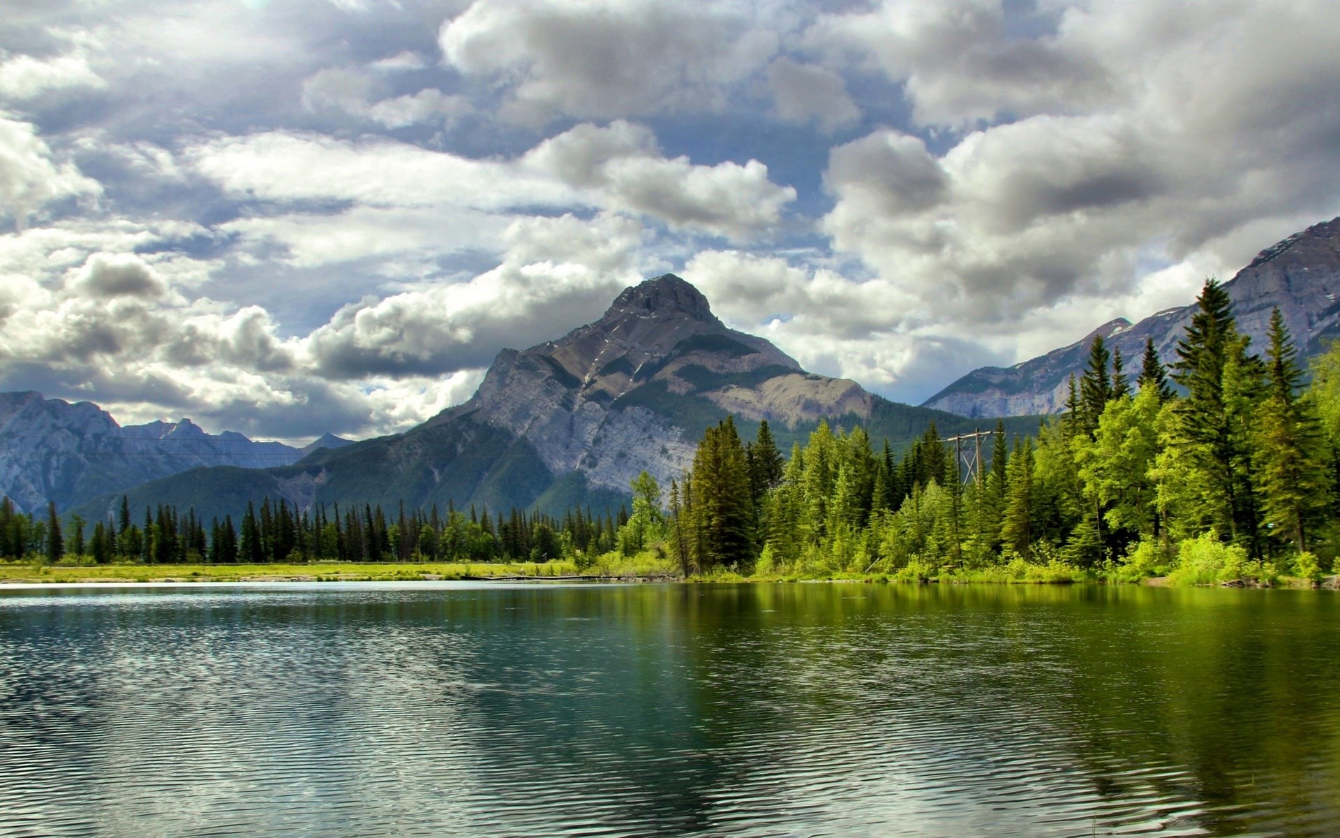 Lake and mountains with trees under cloudy sky HD Wallpaper