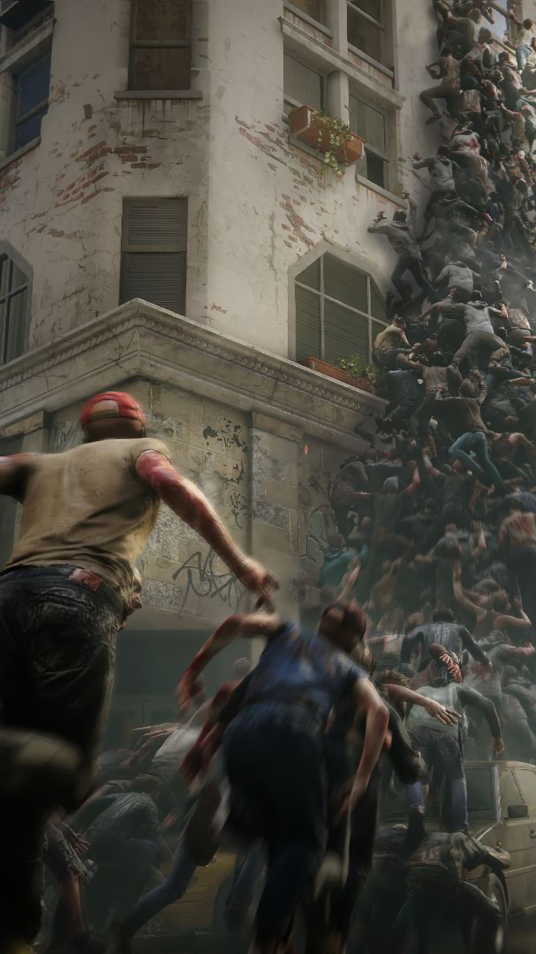 World War Z zombies swarm a building HD Phone Wallpaper