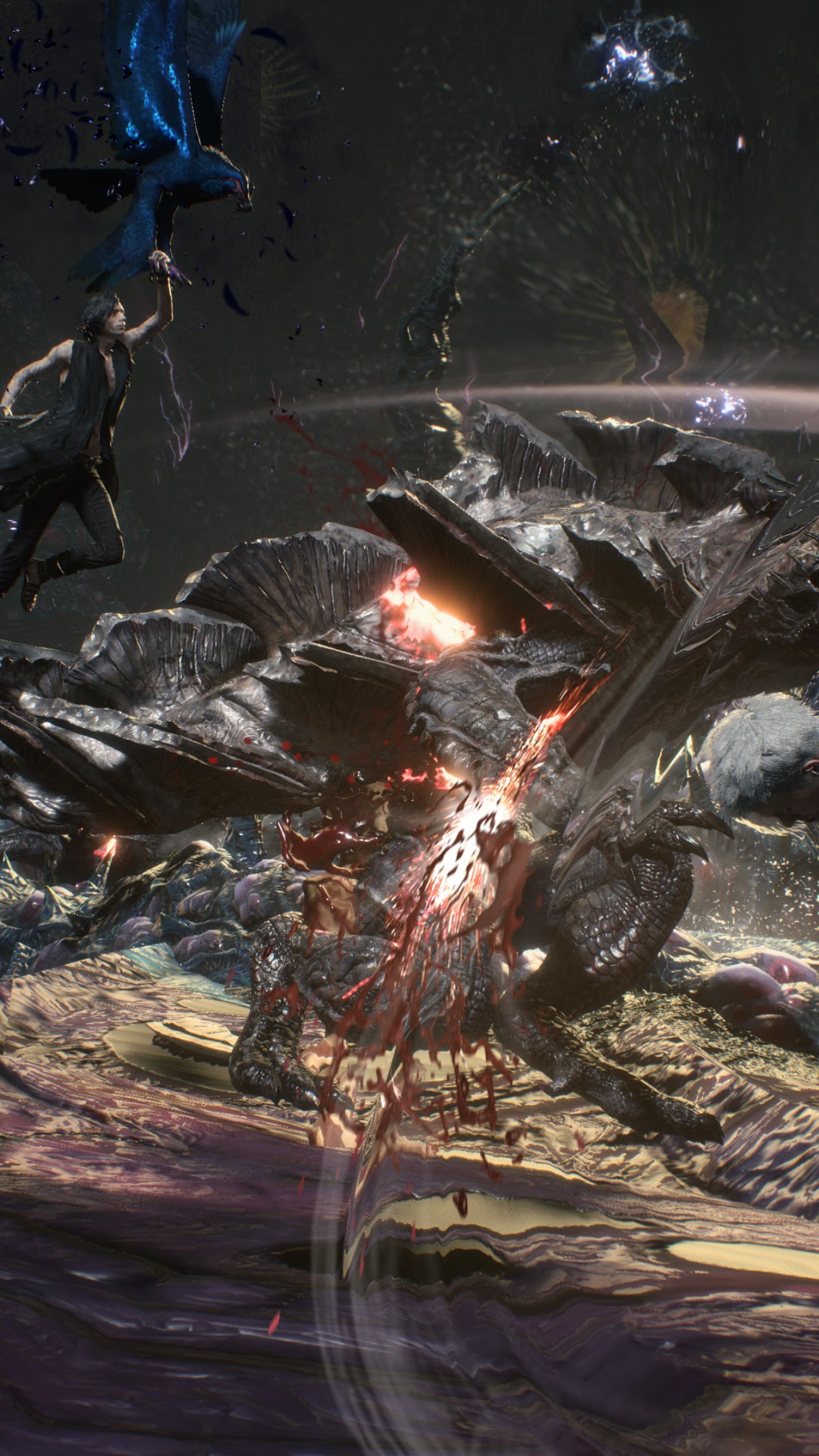 Nero and V from Devil May Cry 5 fighting a demon HD Phone Wallpaper