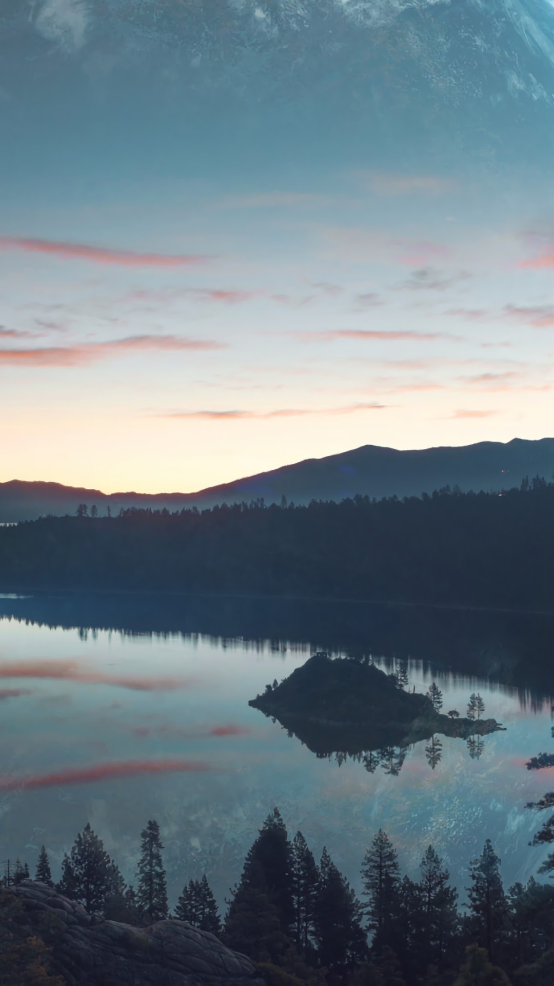 Mountain lake landscape with island at sunset HD Phone Wallpaper