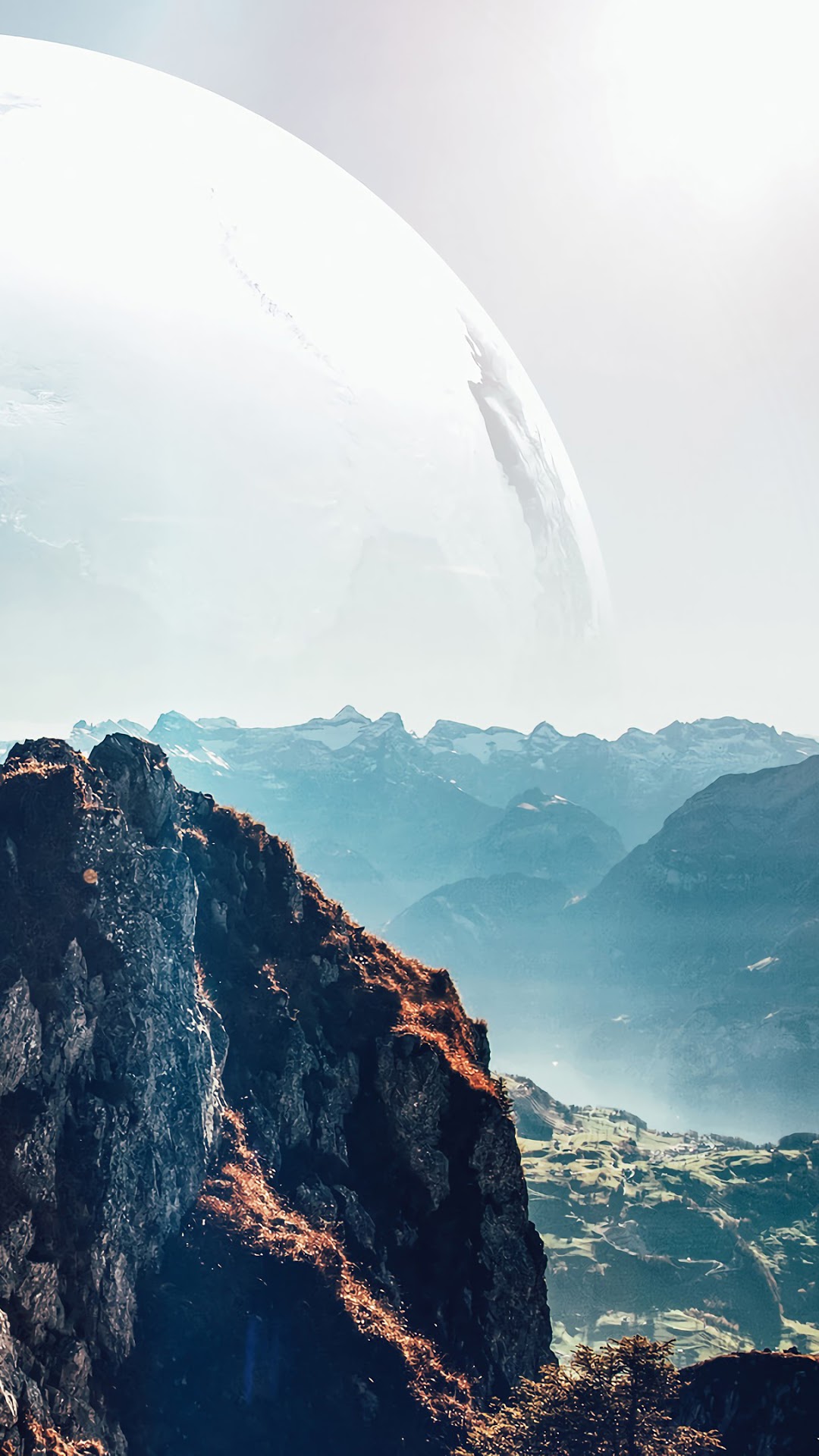 Mountain landscape with a large celestial body HD Phone Wallpaper