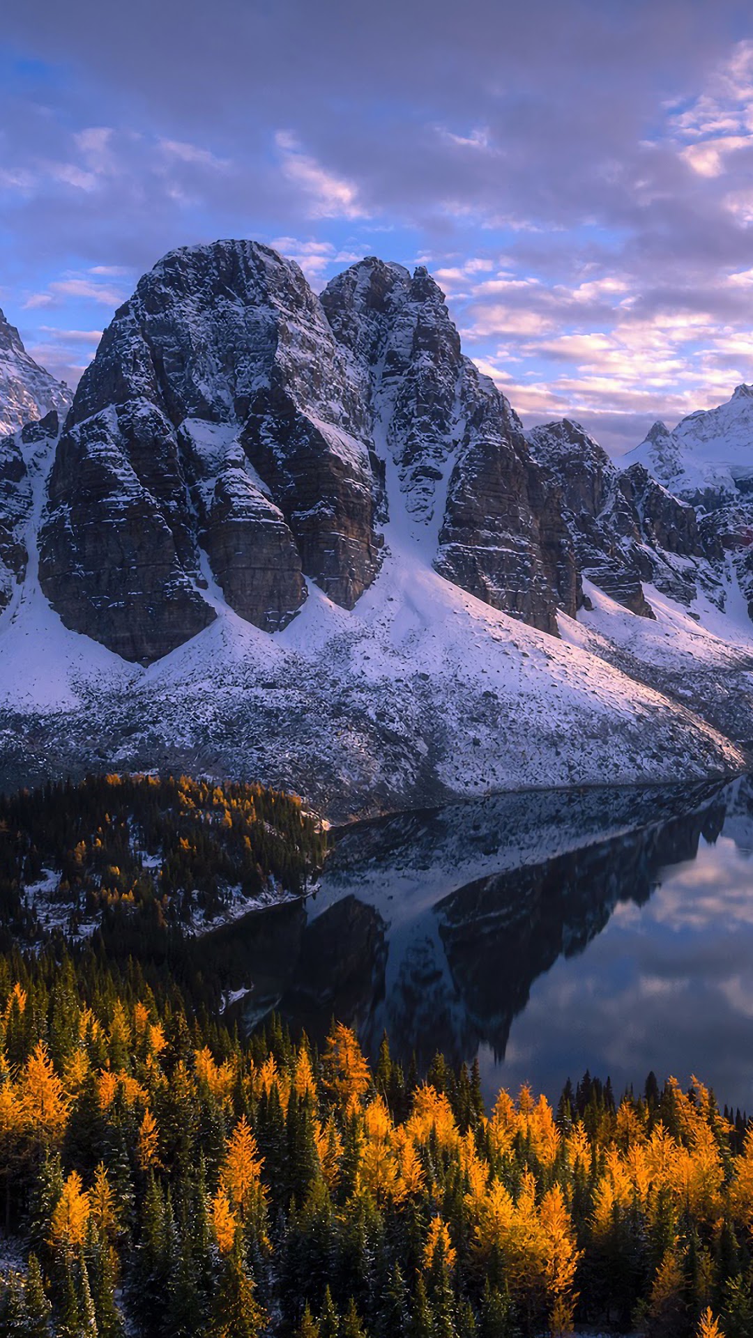 Snow-capped mountain reflected in a lake with autumn forest HD Phone Wallpaper