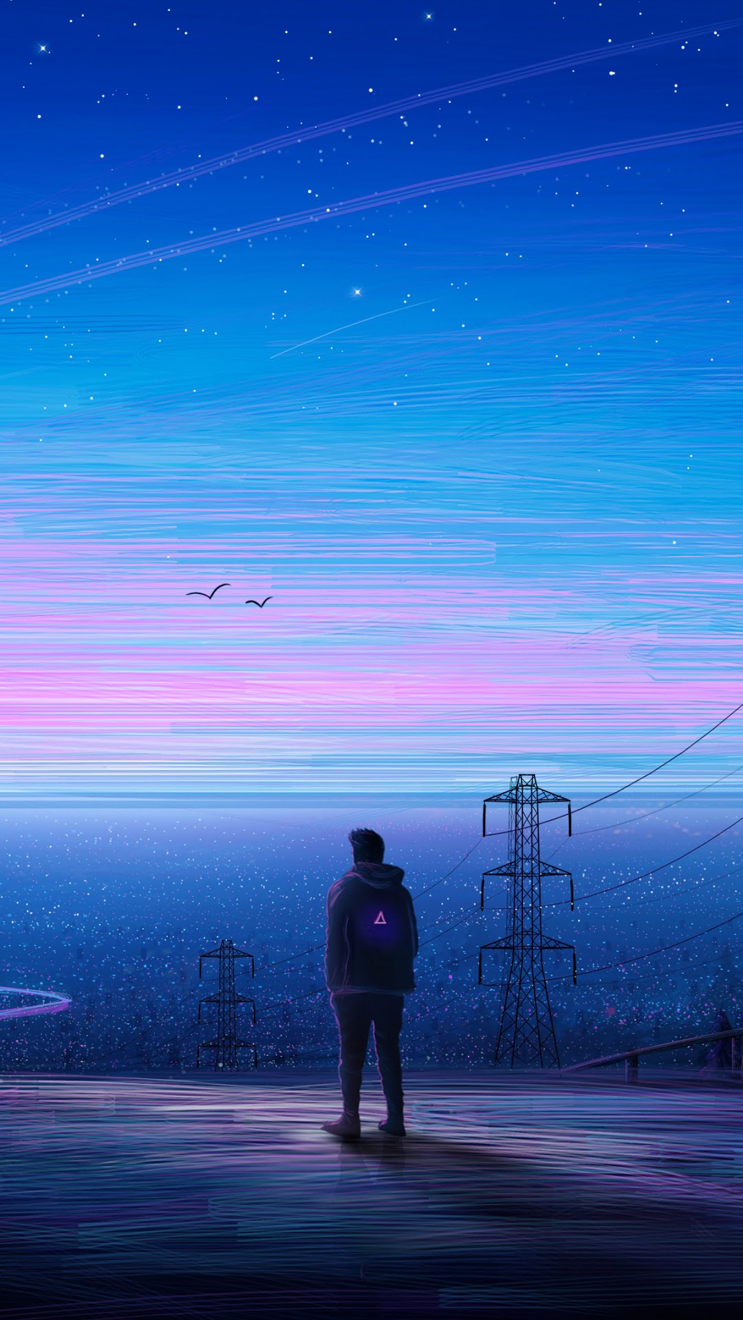 Man standing on rooftop overlooking city at sunrise HD Phone Wallpaper