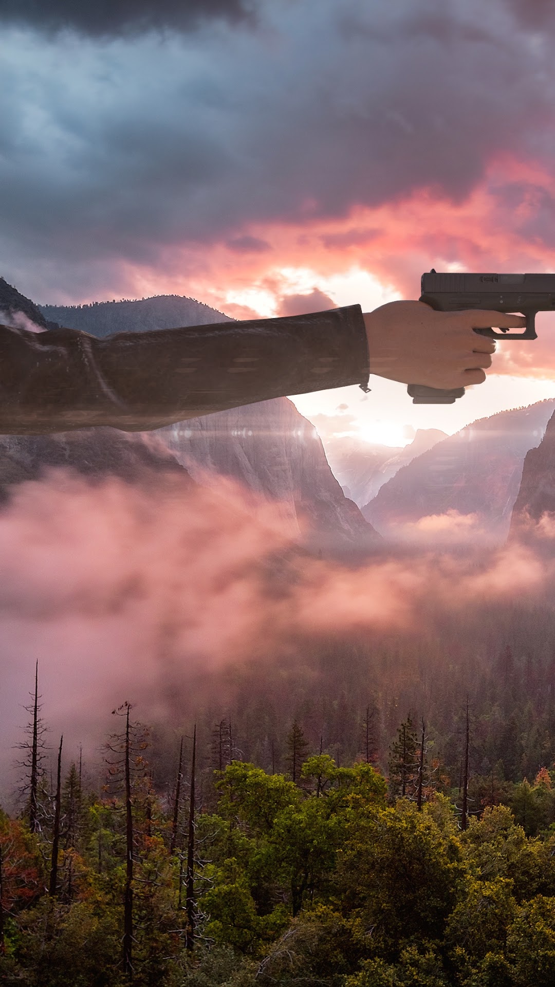 Player holding a gun in a mountainous landscape HD Phone Wallpaper