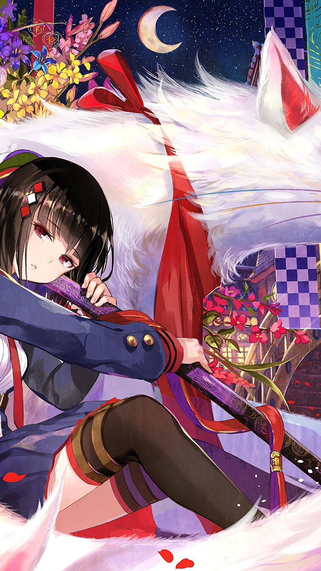 Anime girl with katana and white wolf HD Phone Wallpaper
