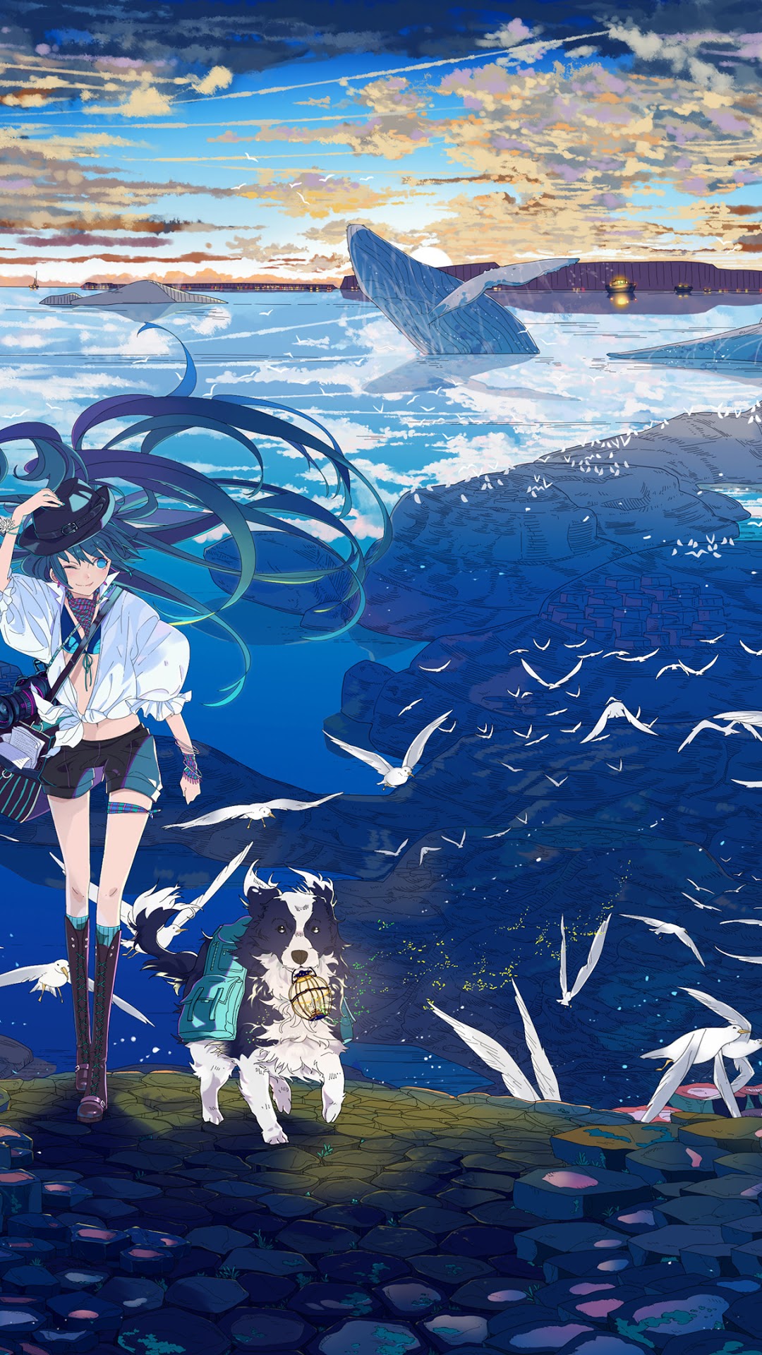 Hatsune Miku and dog by the sea with whales HD Phone Wallpaper