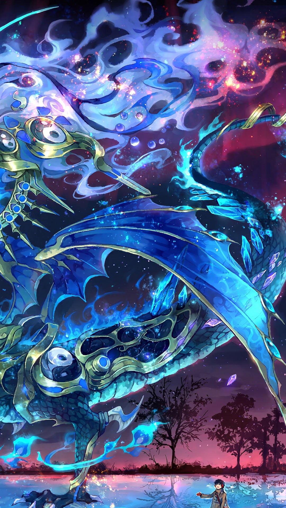 Fantasy Dragon with a Person in a Cosmic Landscape HD Phone Wallpaper