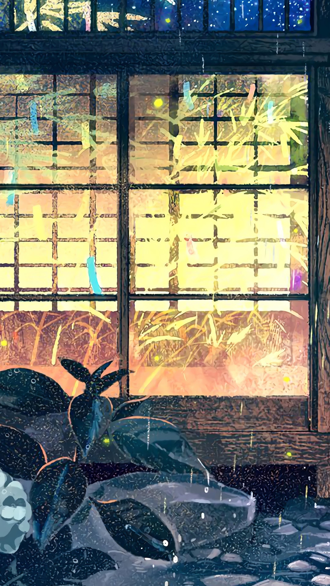 Anime window with rain and fireflies HD Phone Wallpaper