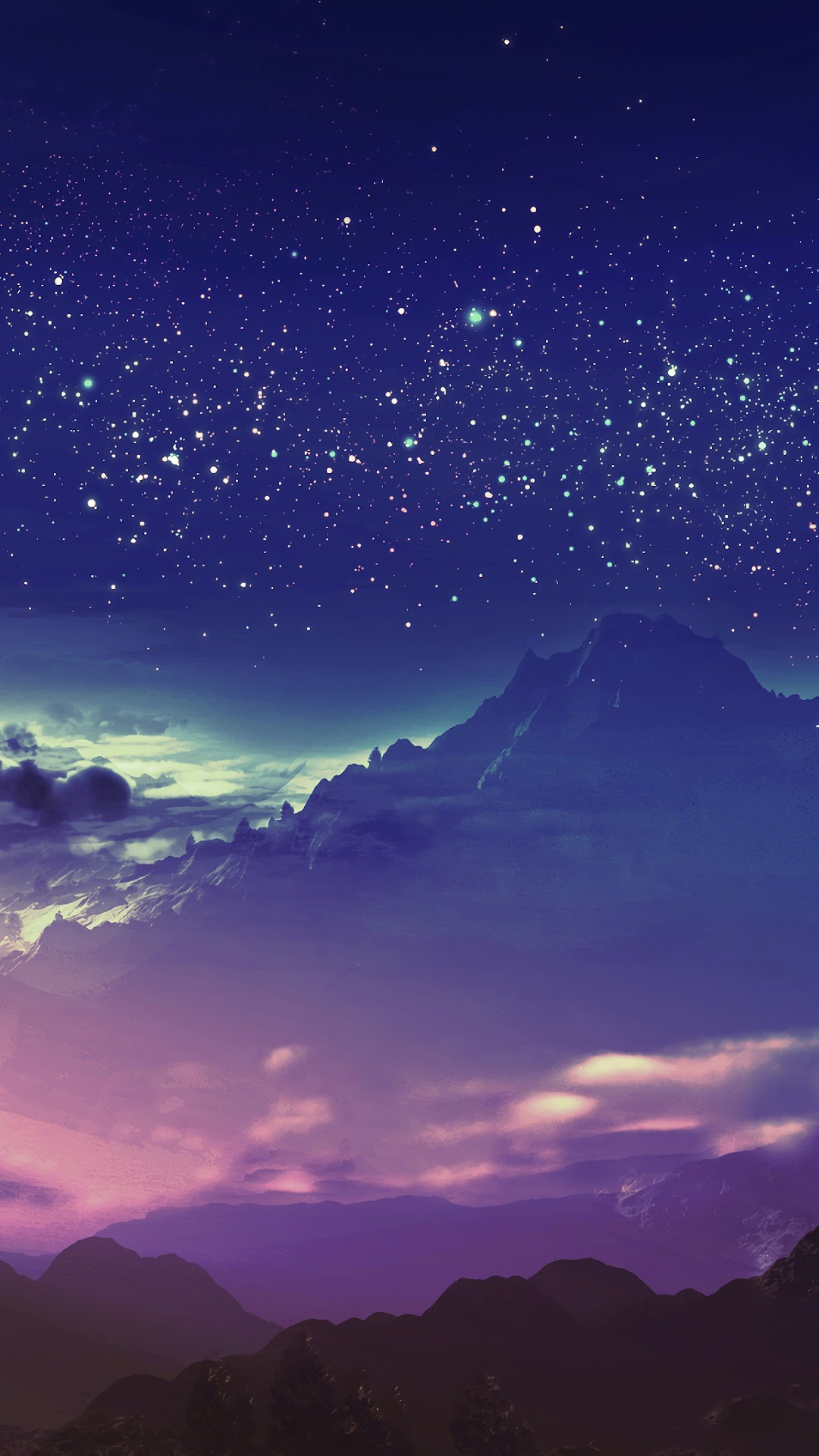 Anime night sky over mountains and clouds HD Phone Wallpaper