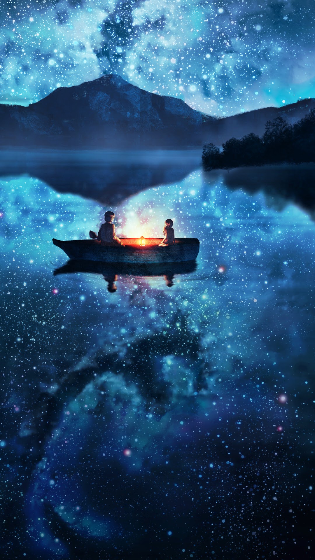 Two people in a boat under a starry sky HD Phone Wallpaper