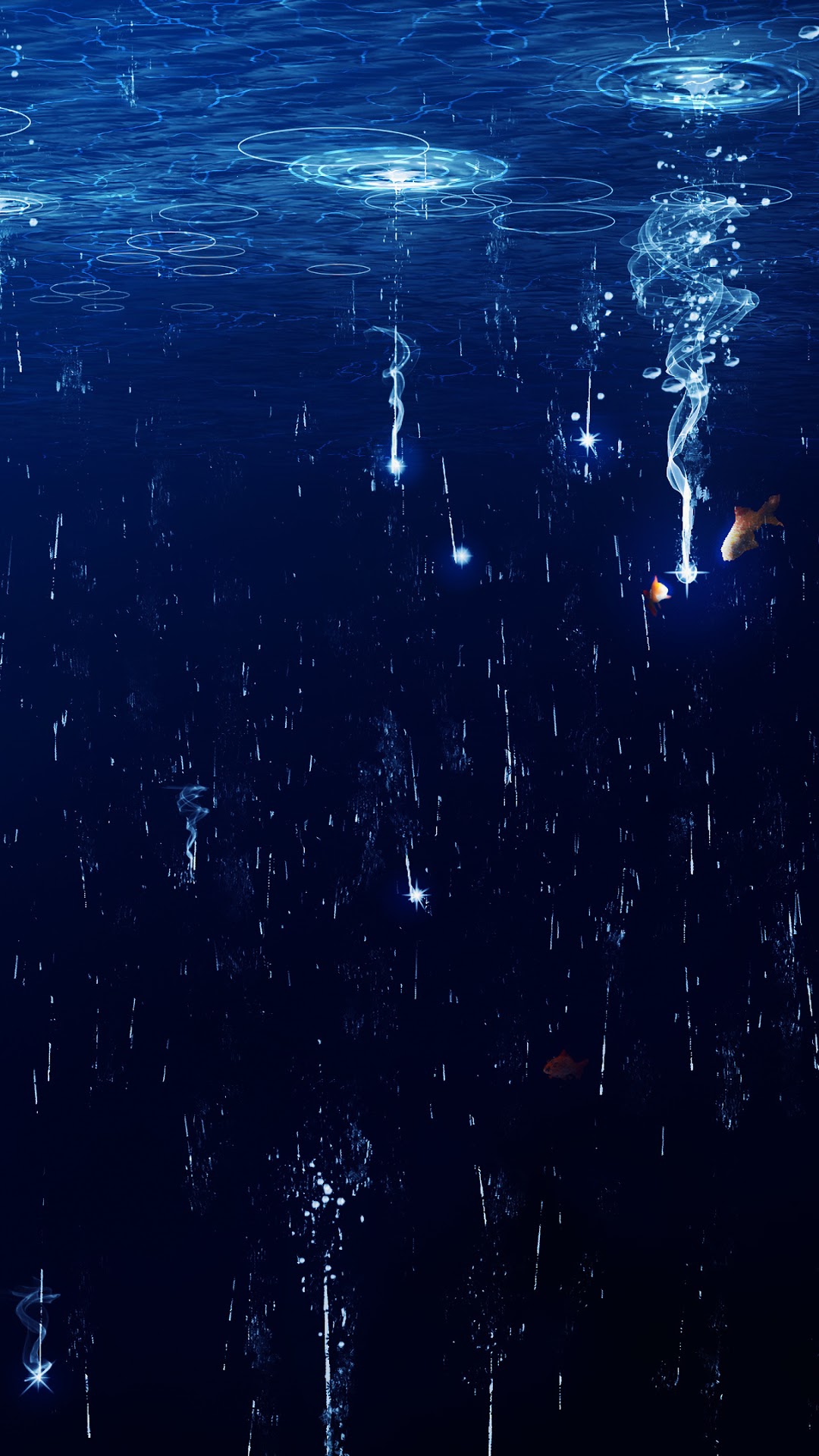 Fish swimming in dark blue water with glowing particles HD Phone Wallpaper