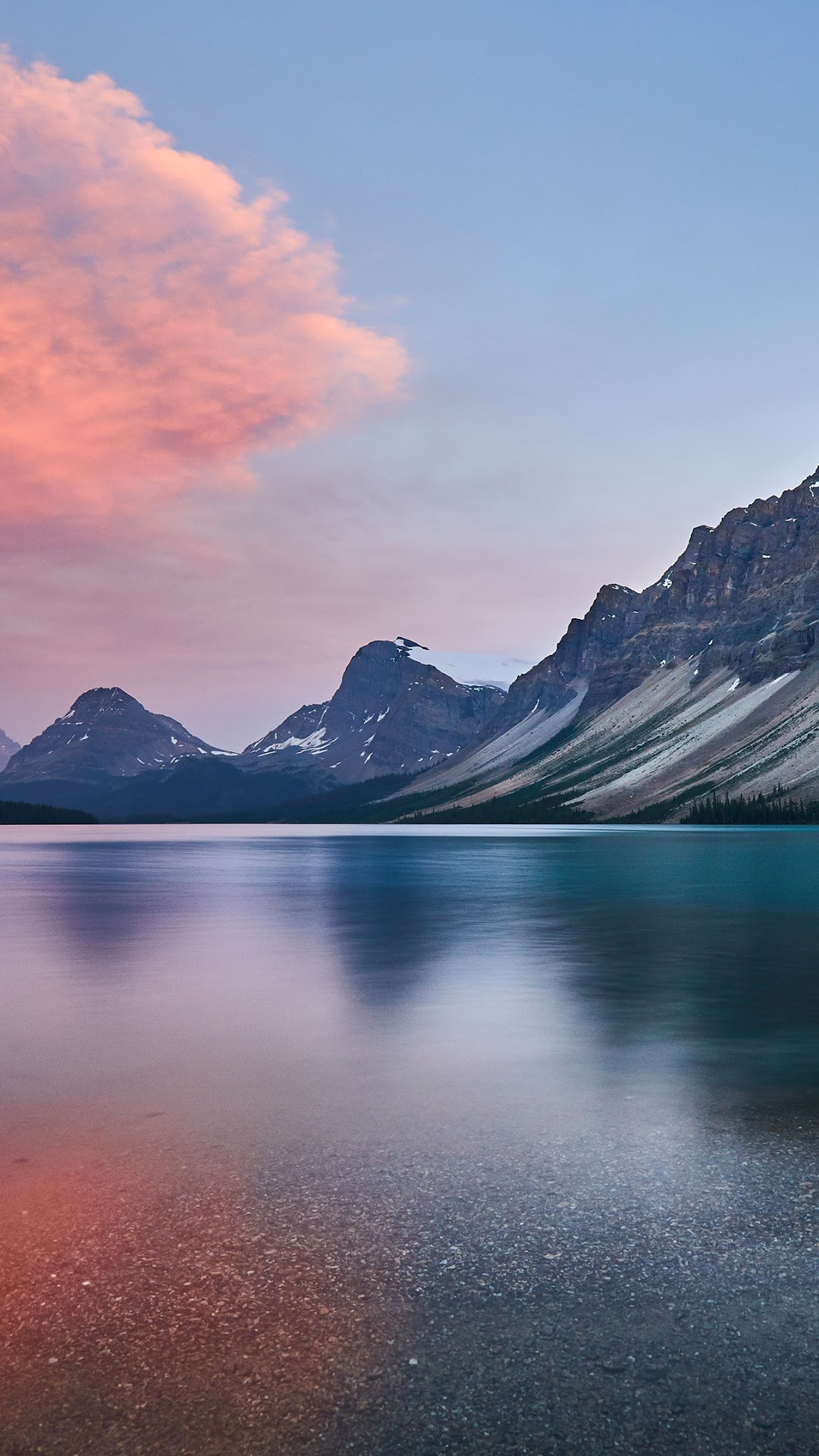 Mountains and lake at sunset with pink clouds HD Phone Wallpaper