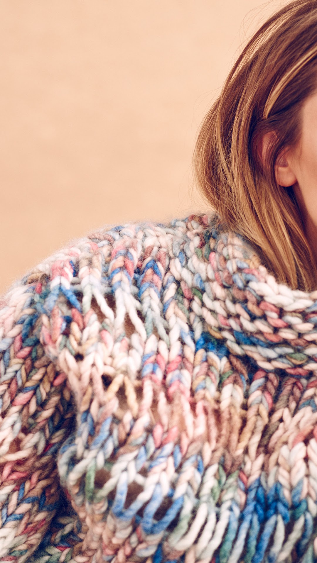 Elizabeth Olsen wearing a colorful knit sweater HD Phone Wallpaper