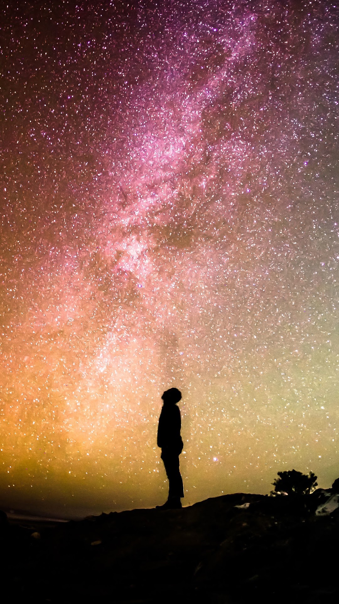 Silhouette of a person looking at the Milky Way HD Phone Wallpaper