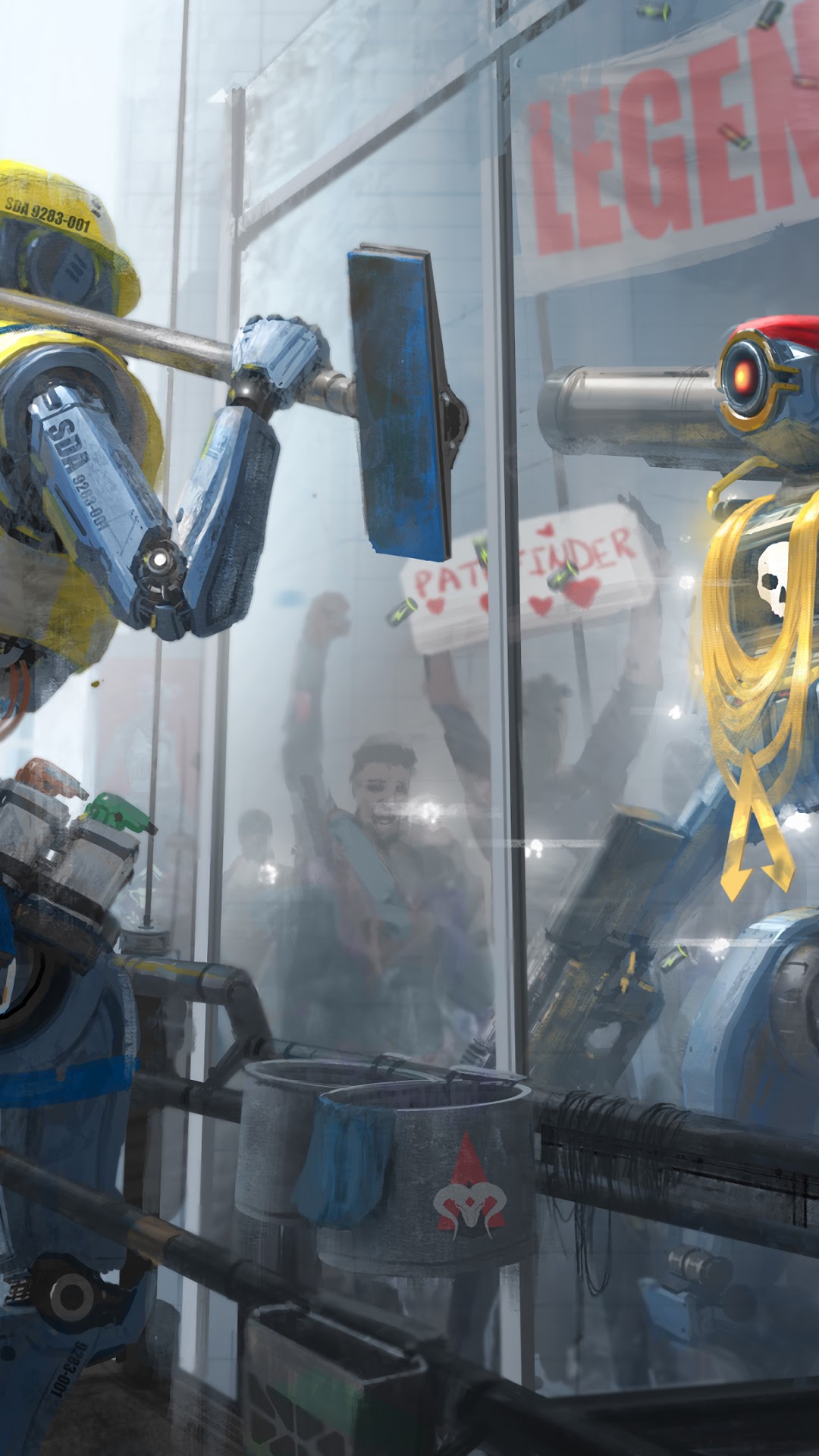 Apex Legends robots cleaning windows with fans holding signs HD Phone Wallpaper