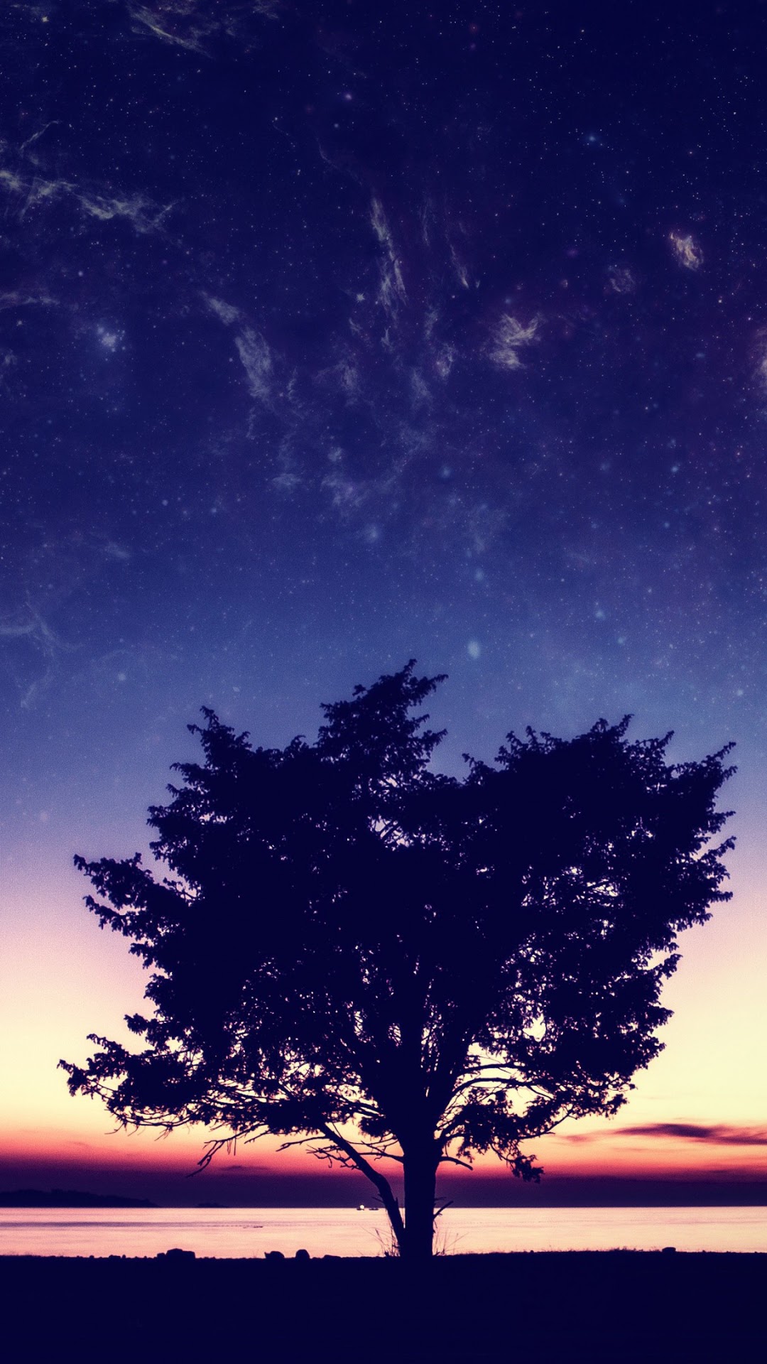 Silhouette of a tree against a starry night sky and horizon HD Phone Wallpaper