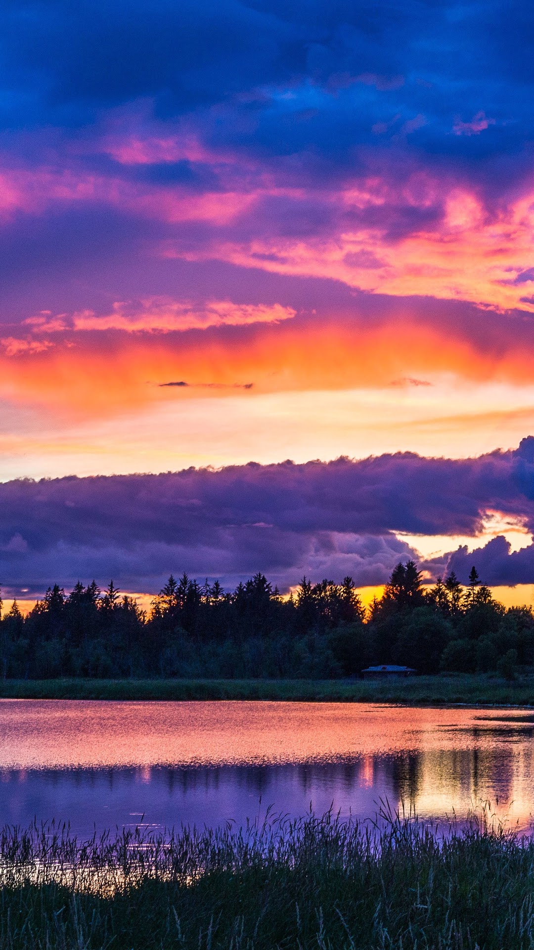 Colorful sunset over a lake and forest HD Phone Wallpaper