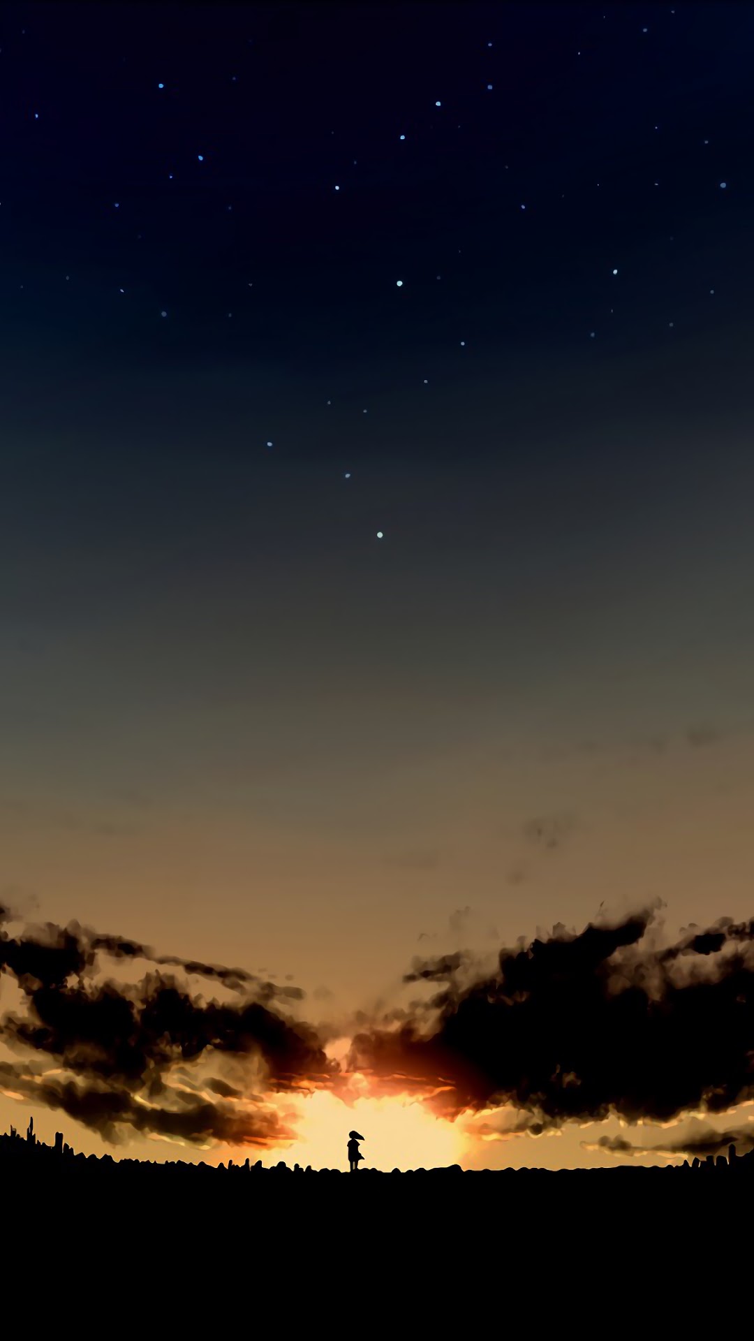 Anime Silhouette Under a Starry Sunset Sky HD Phone Wallpaper