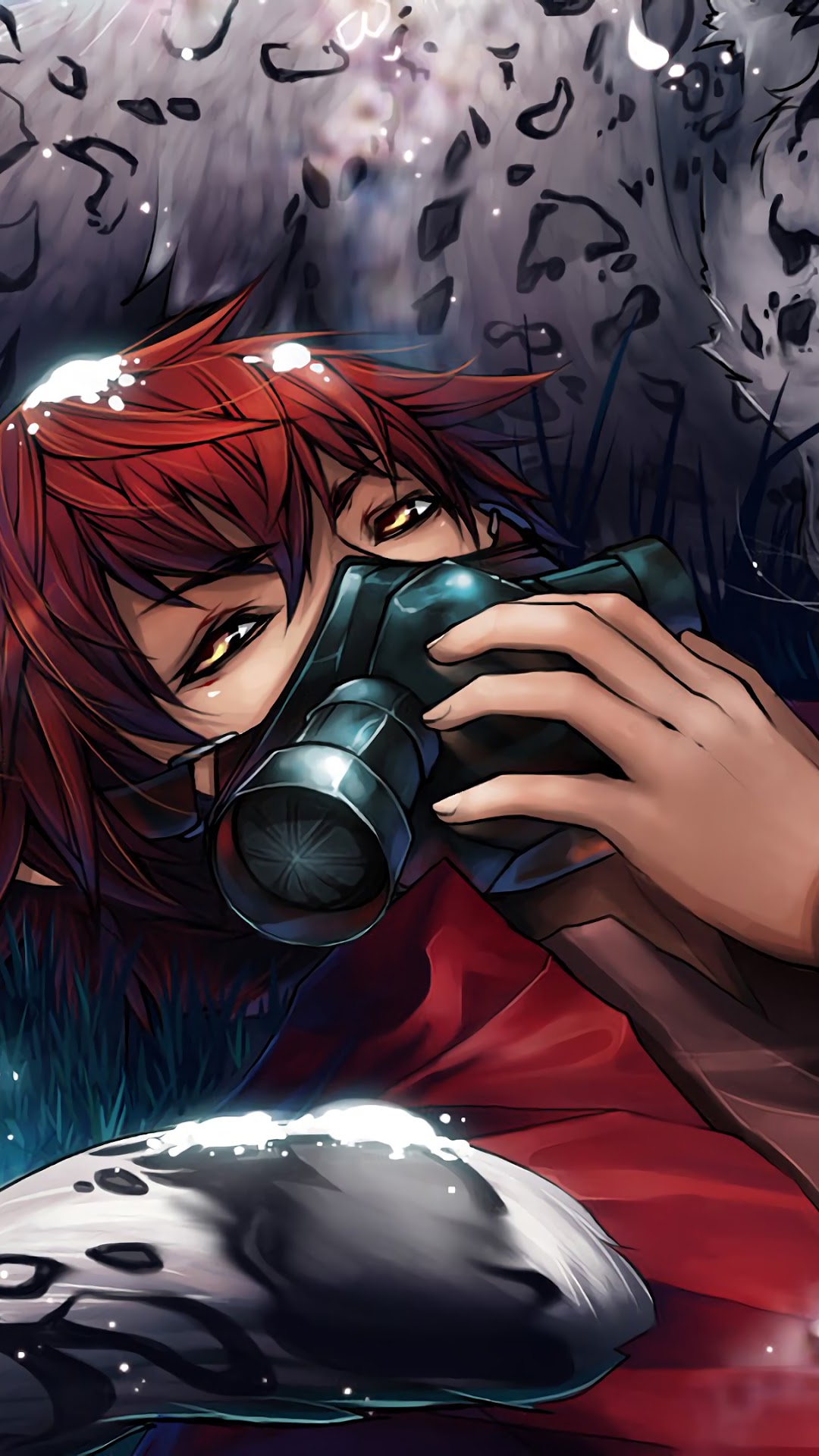 Anime character with gas mask and white tiger HD Phone Wallpaper