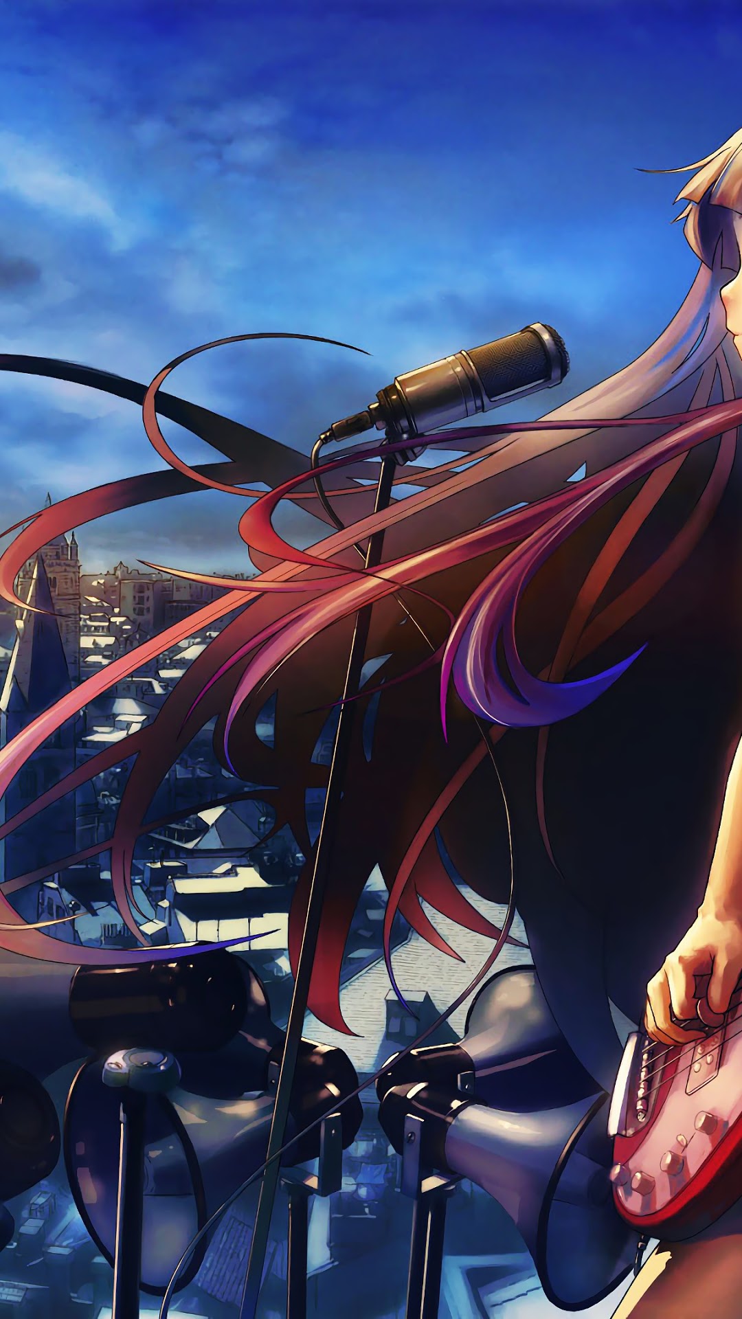 Anime girl singing with guitar and speakers HD Phone Wallpaper