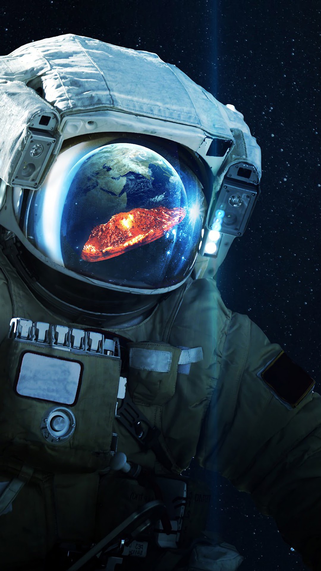 Astronaut in space with Earth and asteroid reflection HD Phone Wallpaper