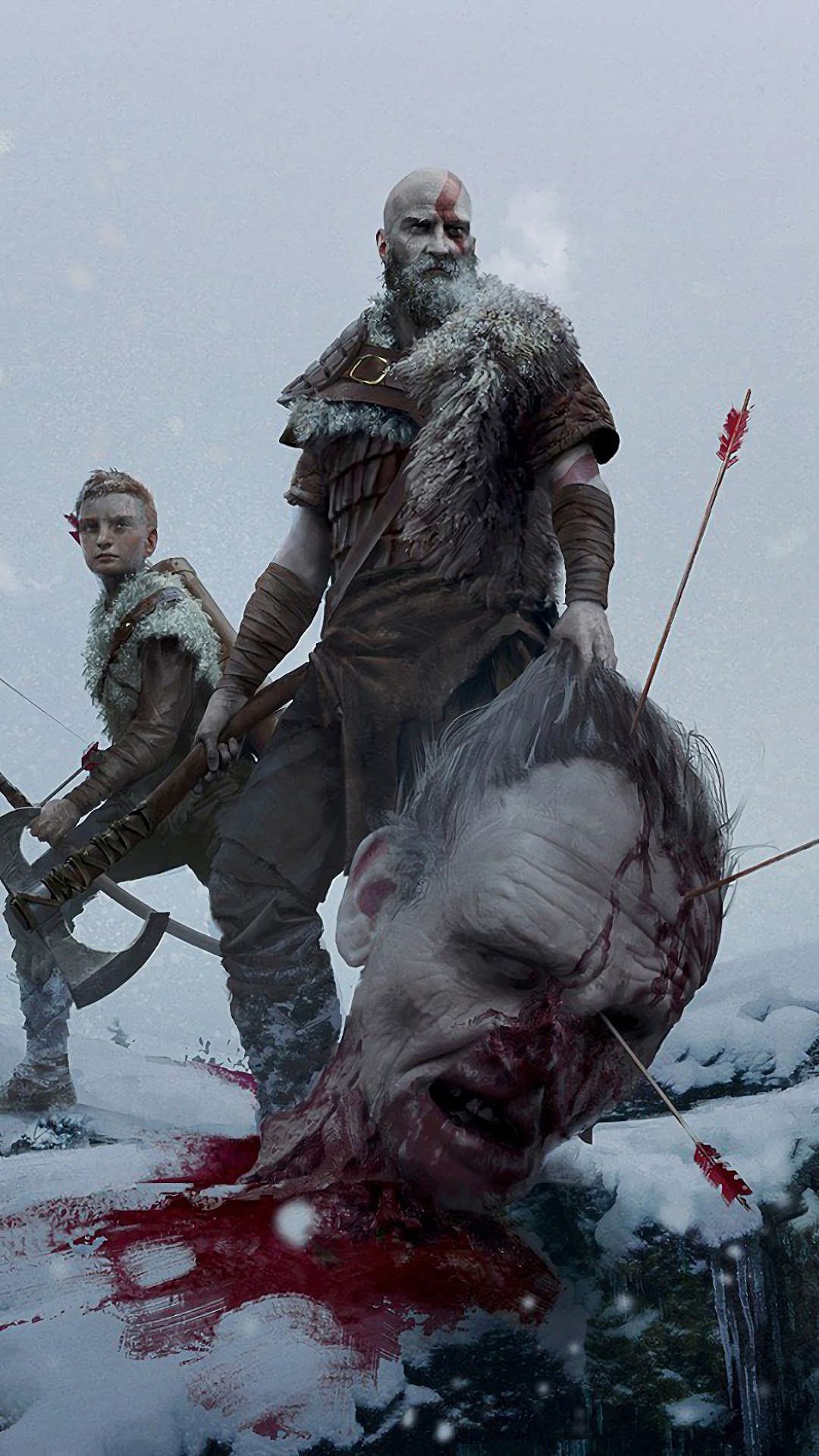 Kratos and Atreus from God of War with a severed head HD Phone Wallpaper