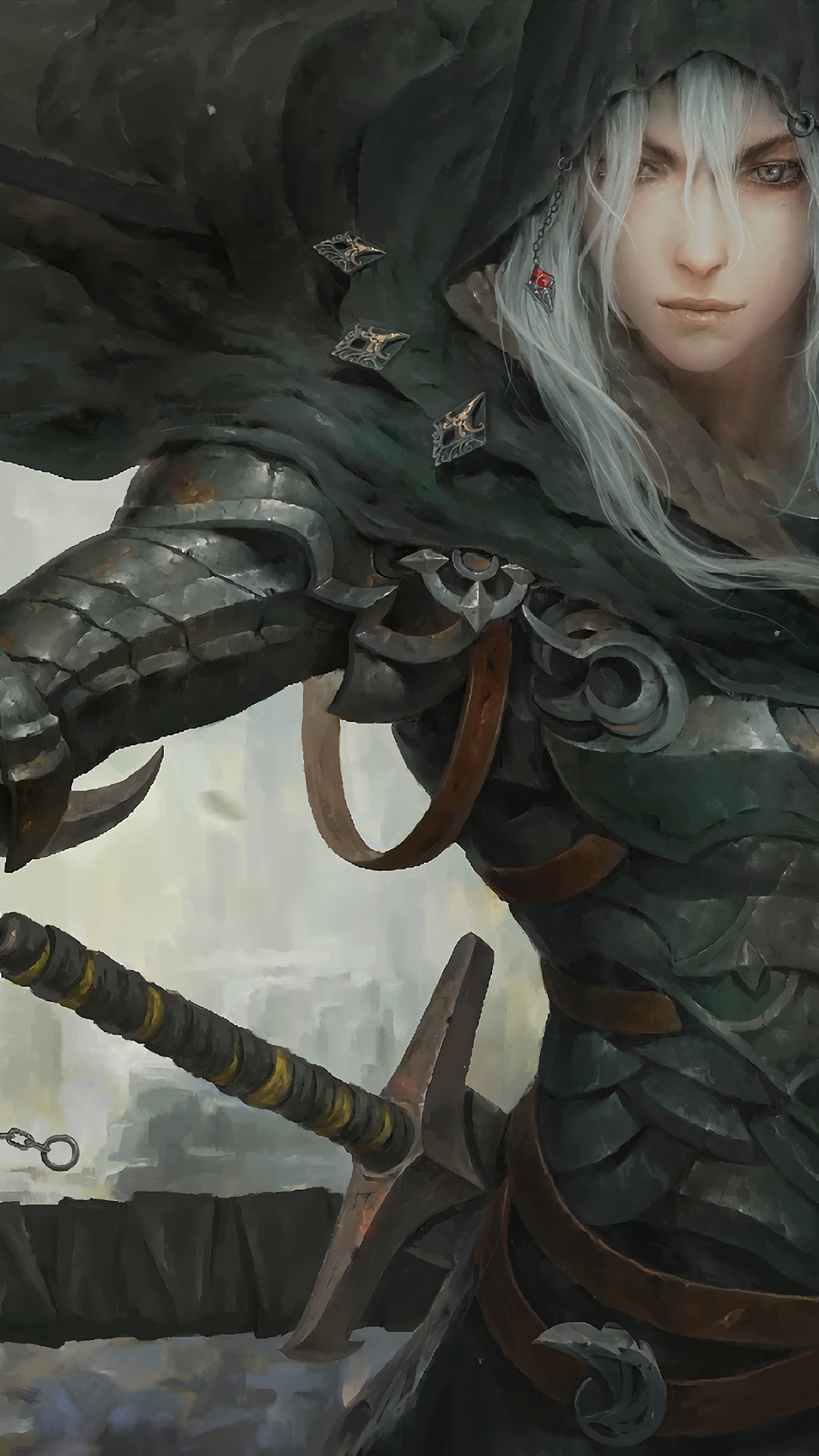 Fantasy warrior with white hair and sword HD Phone Wallpaper
