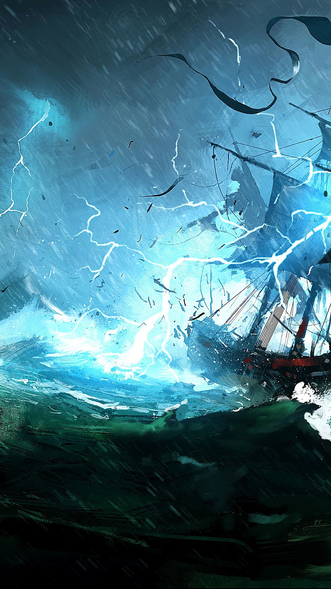 Ship in a violent storm with lightning HD Phone Wallpaper