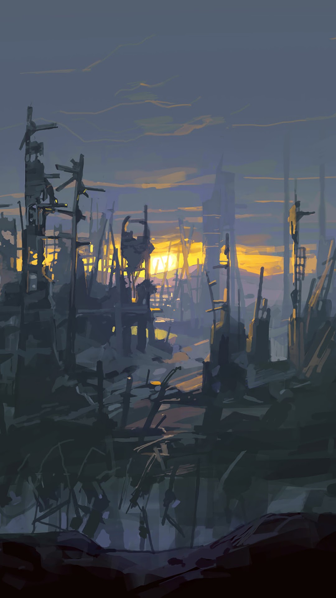 Ruined city at sunset with debris HD Phone Wallpaper