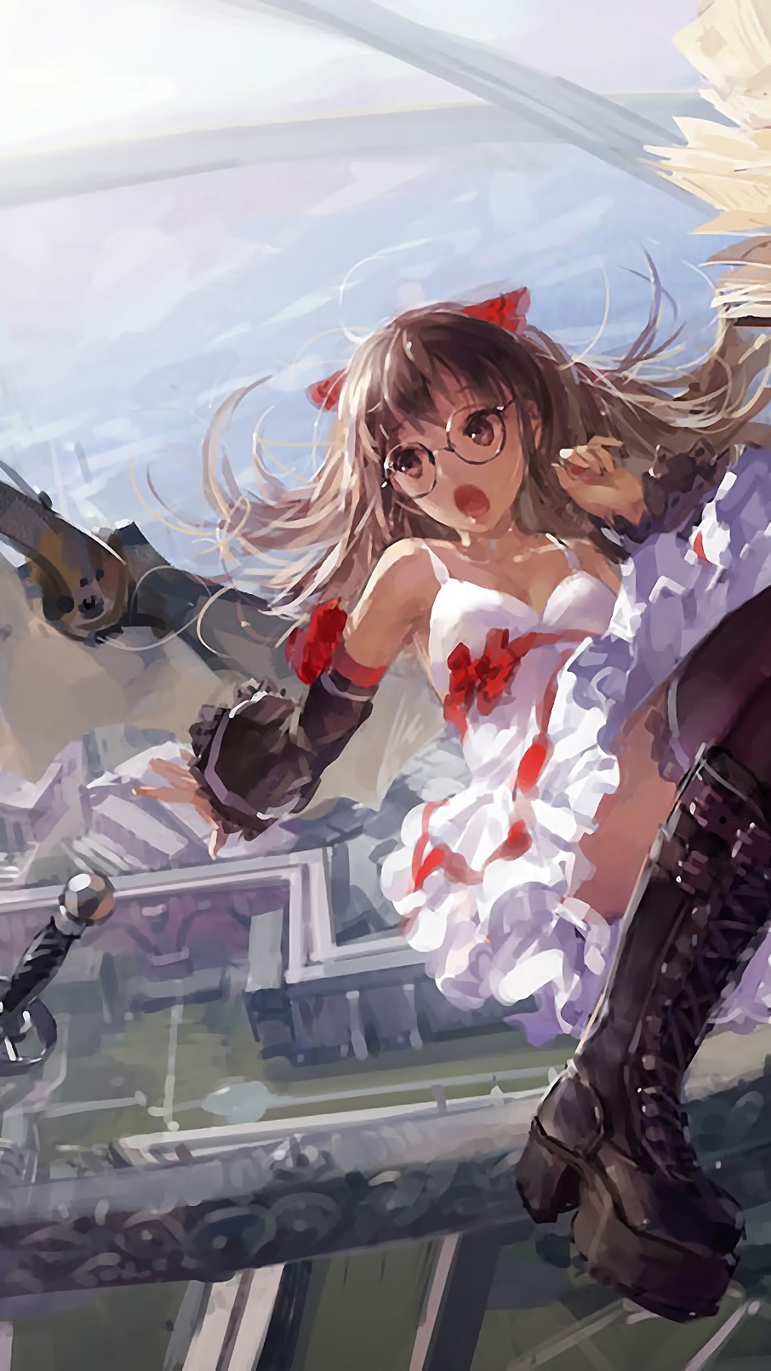 Anime girl with glasses flying in a white dress HD Phone Wallpaper