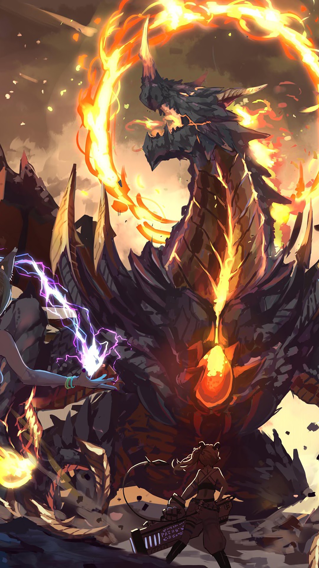 Dragon Battle with Fire and Lightning HD Phone Wallpaper