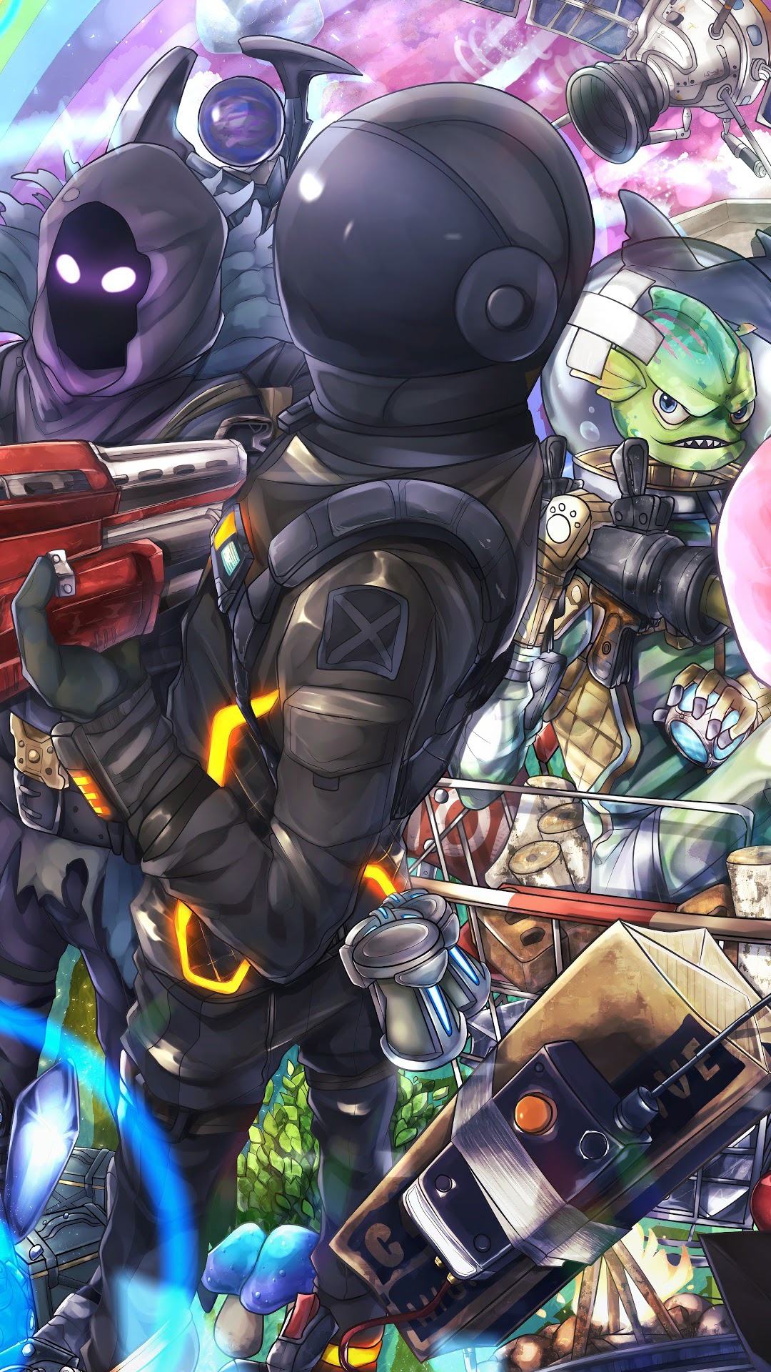 Fortnite Battle Royale characters with weapons HD Phone Wallpaper