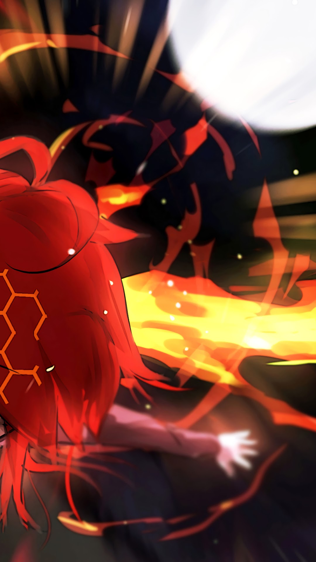 Anime Girl with Red Hair and Fire HD Phone Wallpaper