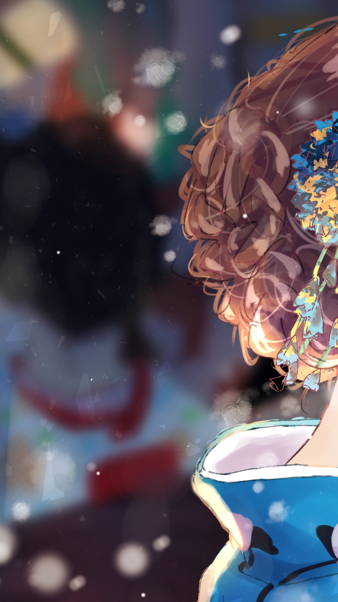 Anime girl in kimono with flowers in hair HD Phone Wallpaper