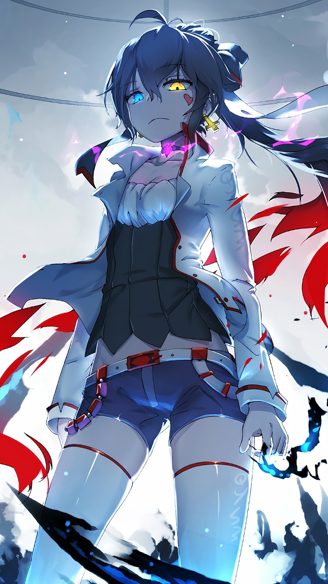 Anime Girl with Heterochromia and Fiery Aura HD Phone Wallpaper