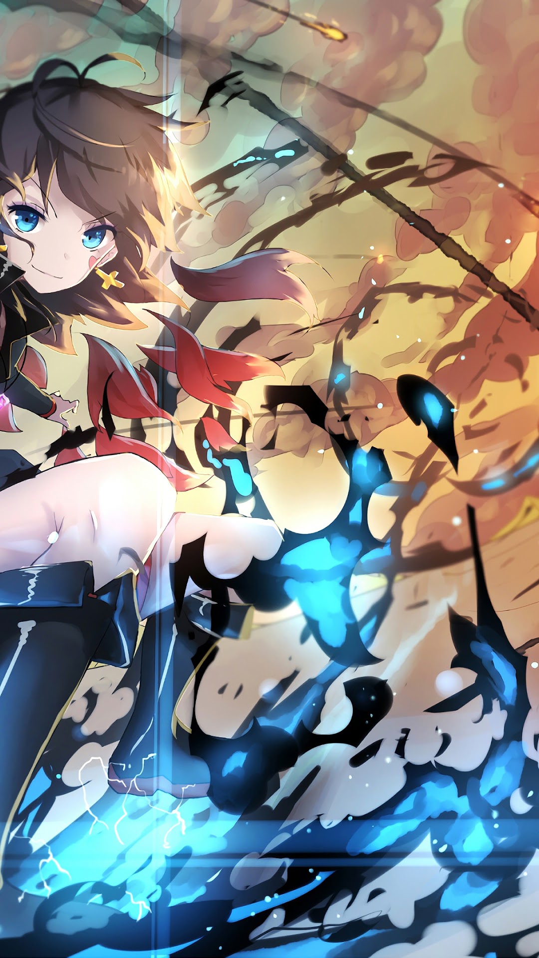 Anime Girl with Blue Eyes and Fiery Background HD Phone Wallpaper