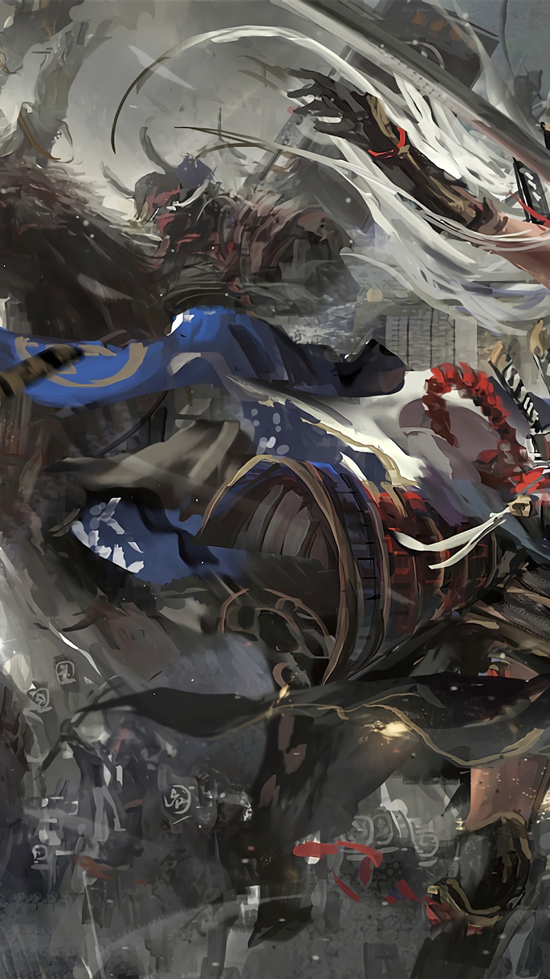 Anime warriors in a chaotic fantasy battle HD Phone Wallpaper