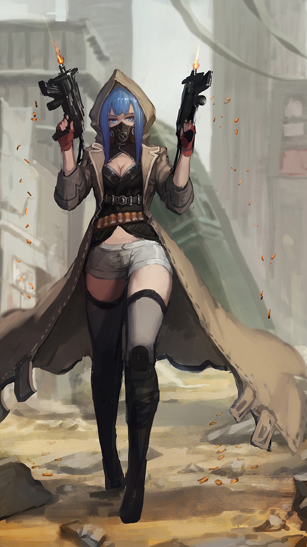 Anime girl with blue hair and guns in a post-apocalyptic setting HD Phone Wallpaper
