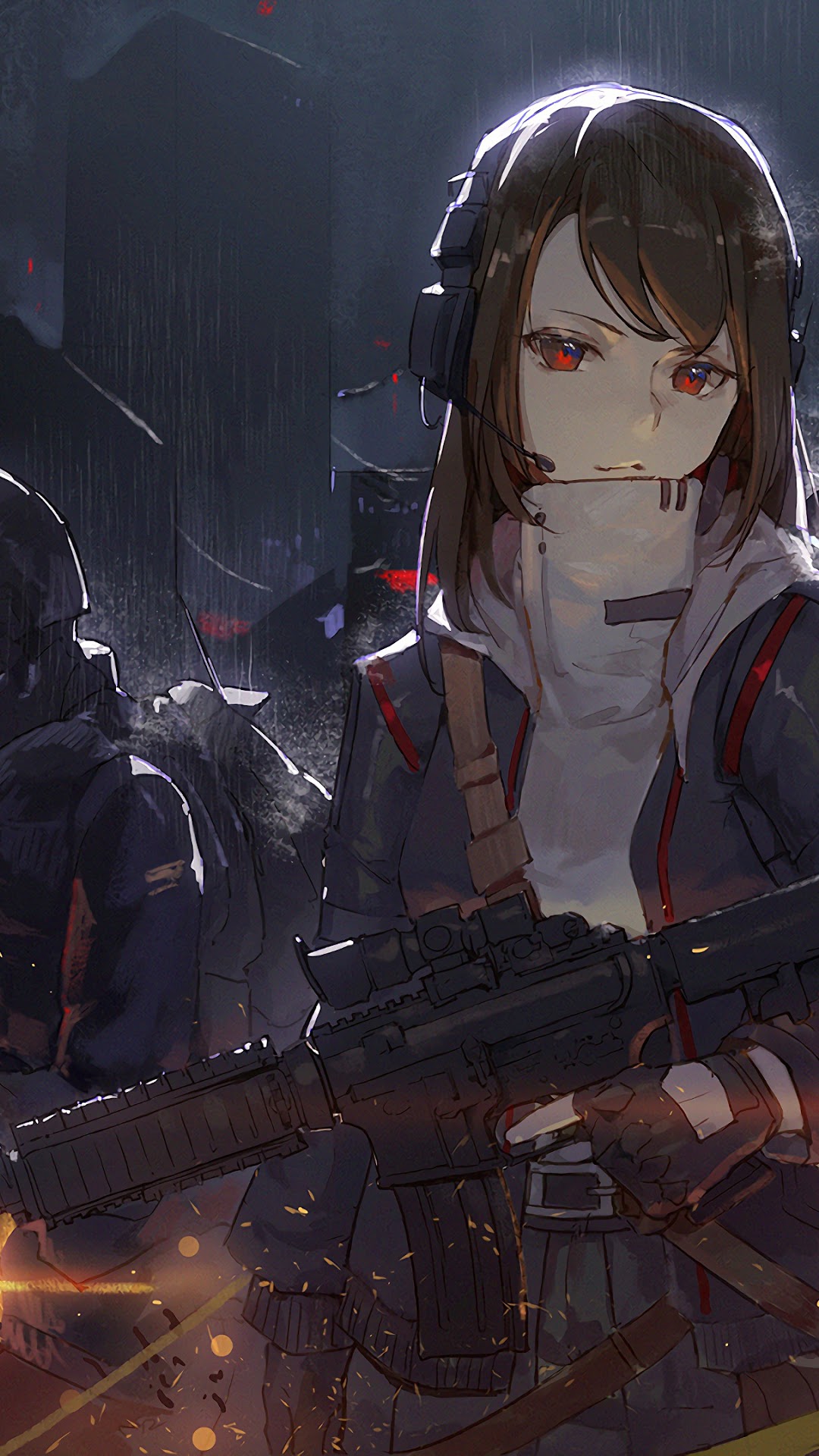 Anime girl soldier with rifle in rain HD Phone Wallpaper