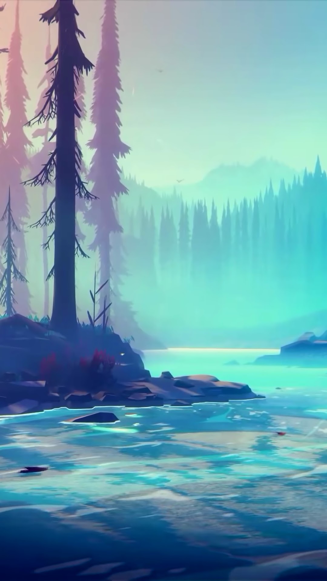 Minimalist forest and river landscape HD Phone Wallpaper
