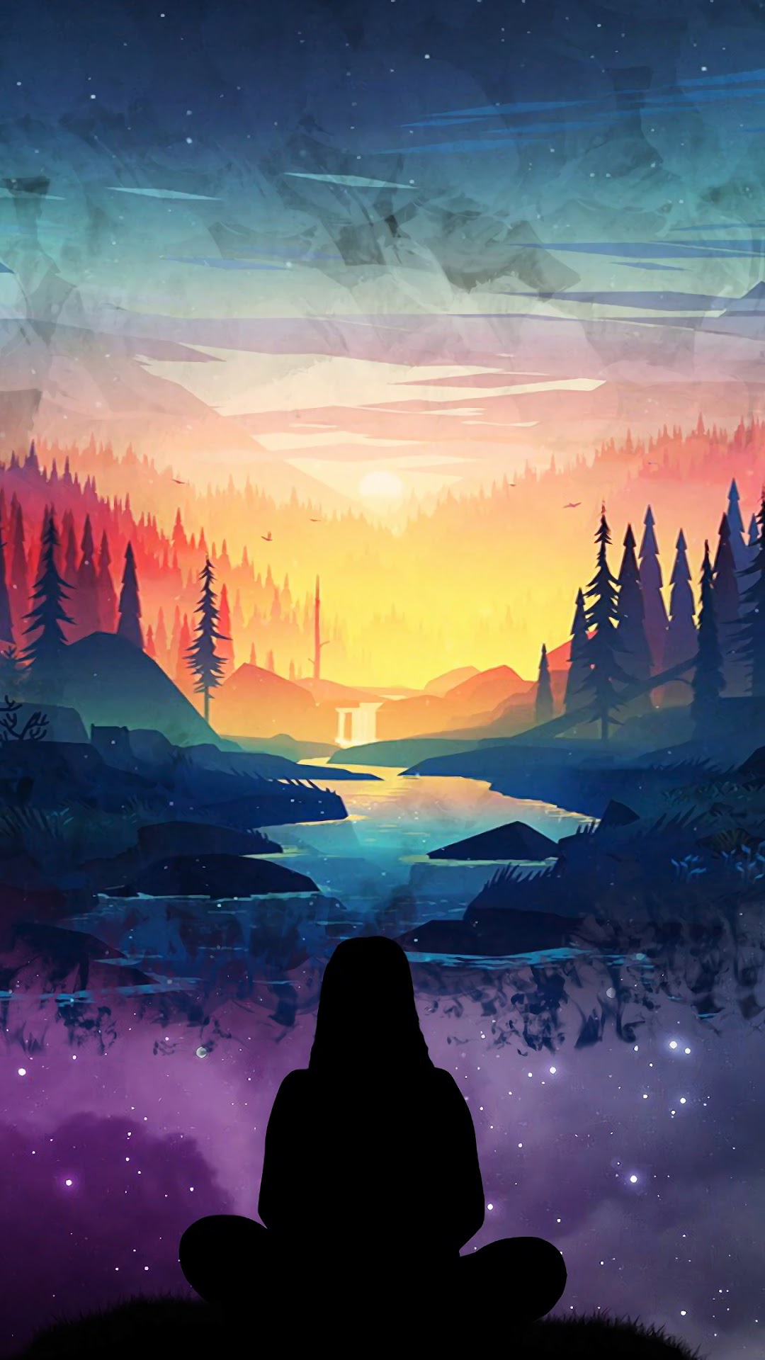 Person meditating by a river at sunset HD Phone Wallpaper