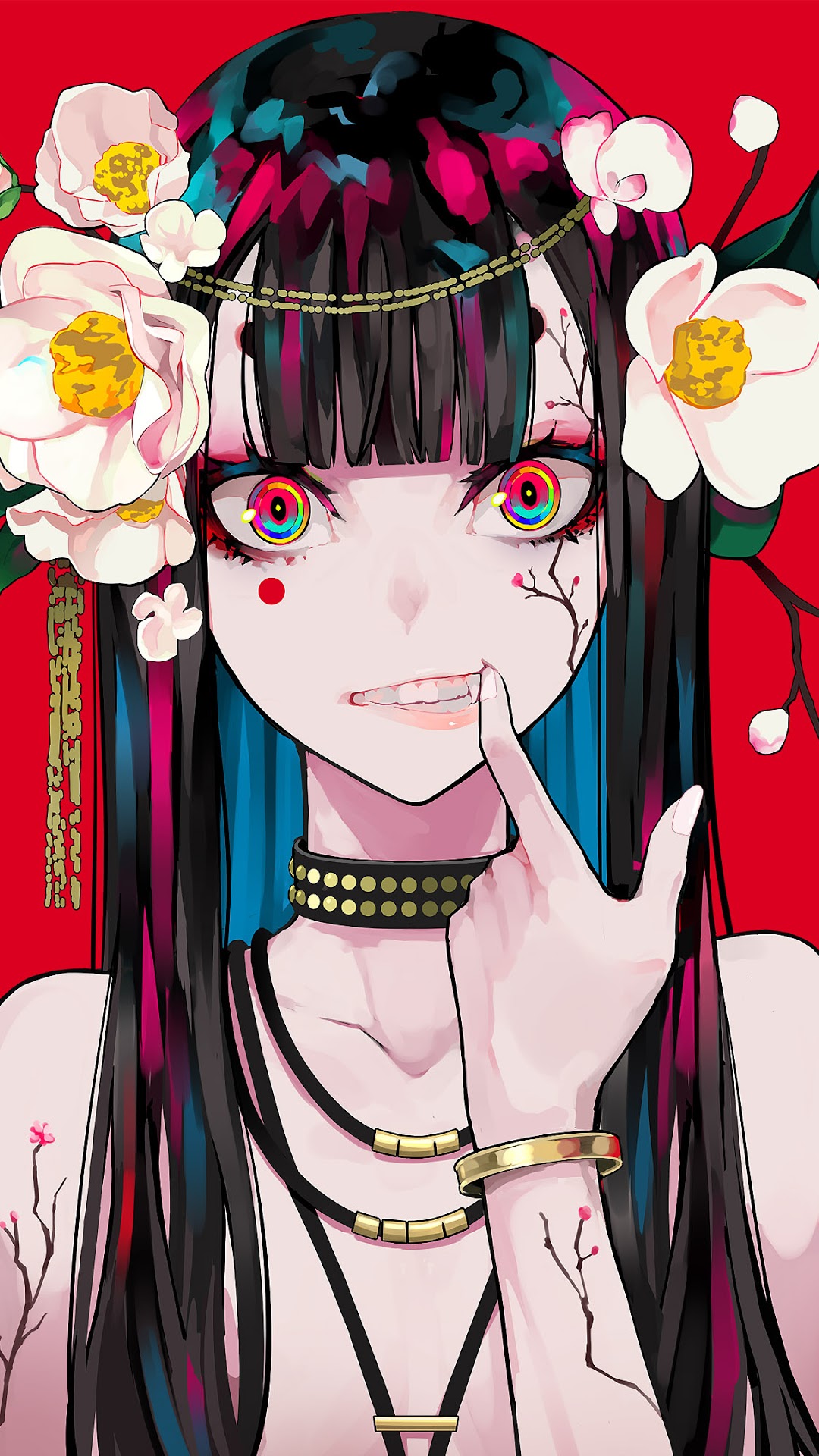 Anime girl with flowers in hair and rainbow eyes HD Phone Wallpaper