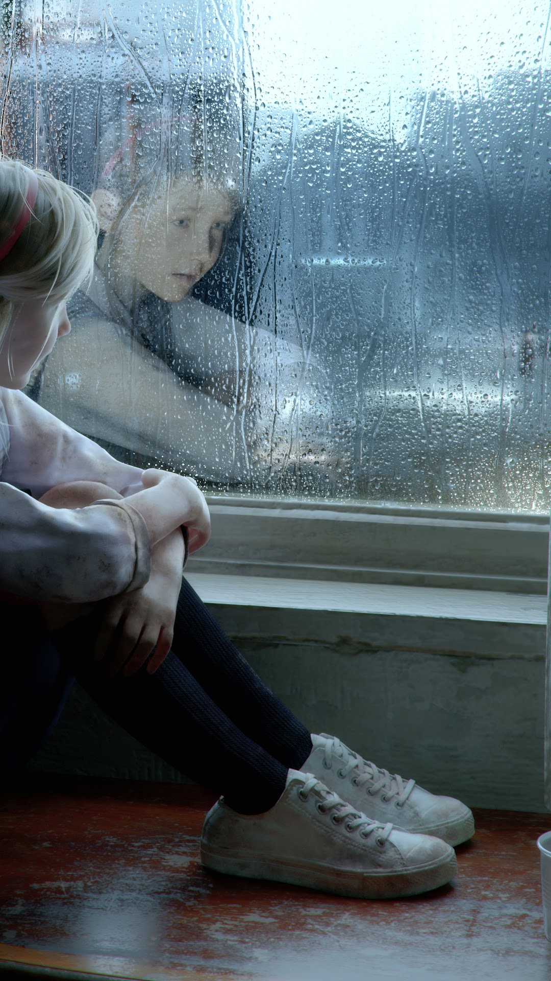 Girl looking out a rain-covered window HD Phone Wallpaper