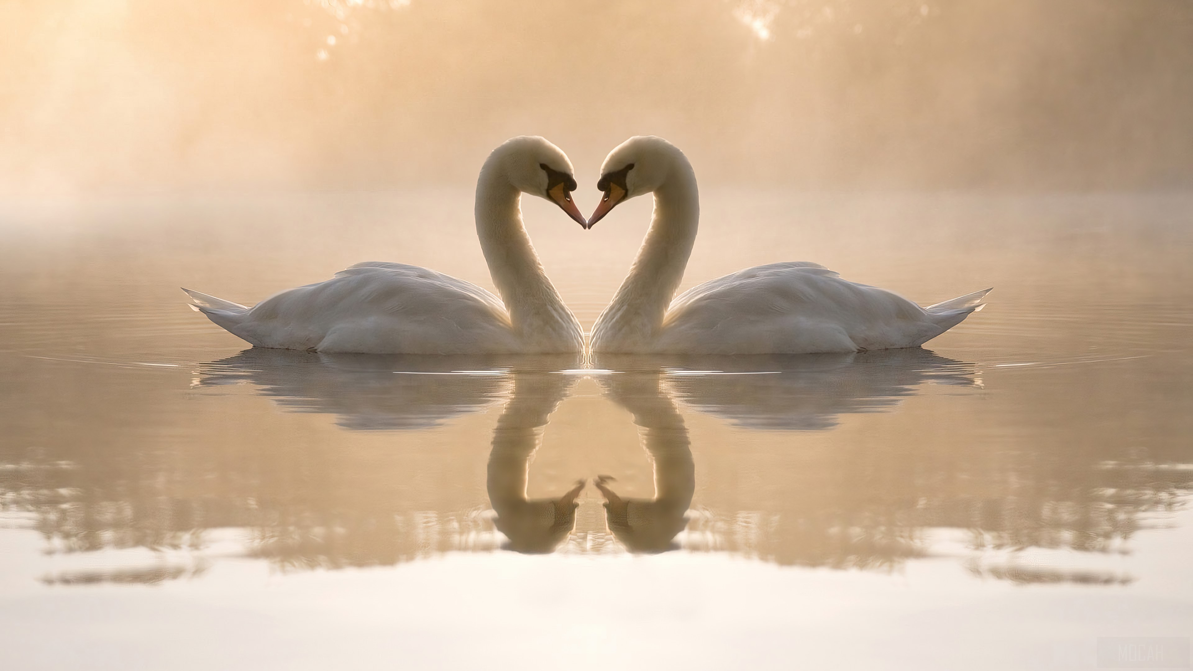 Two swans forming a heart shape in the water HD Wallpaper