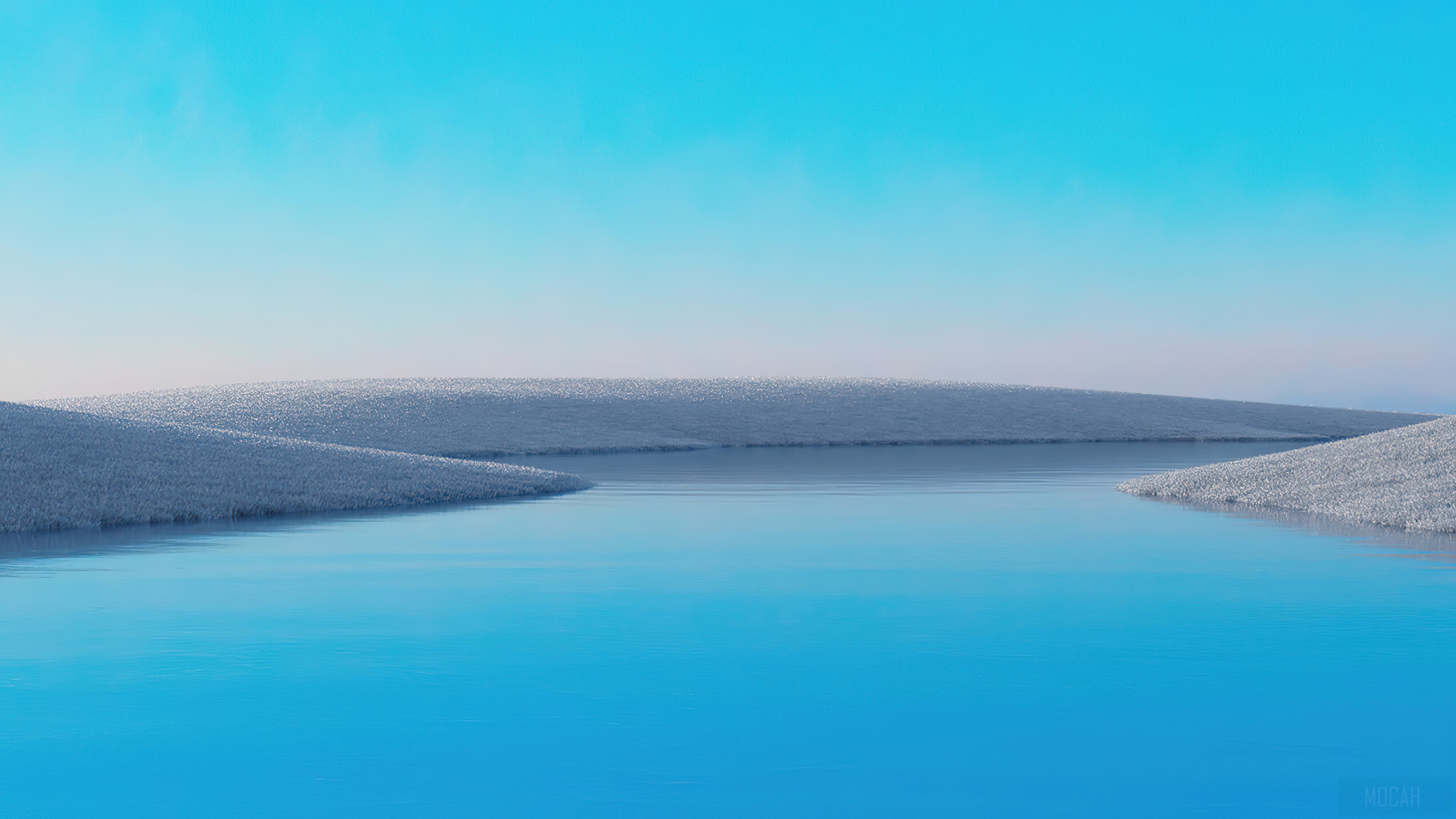 Blue Sky Over Snowy Hills and Water 4K HD Wallpaper