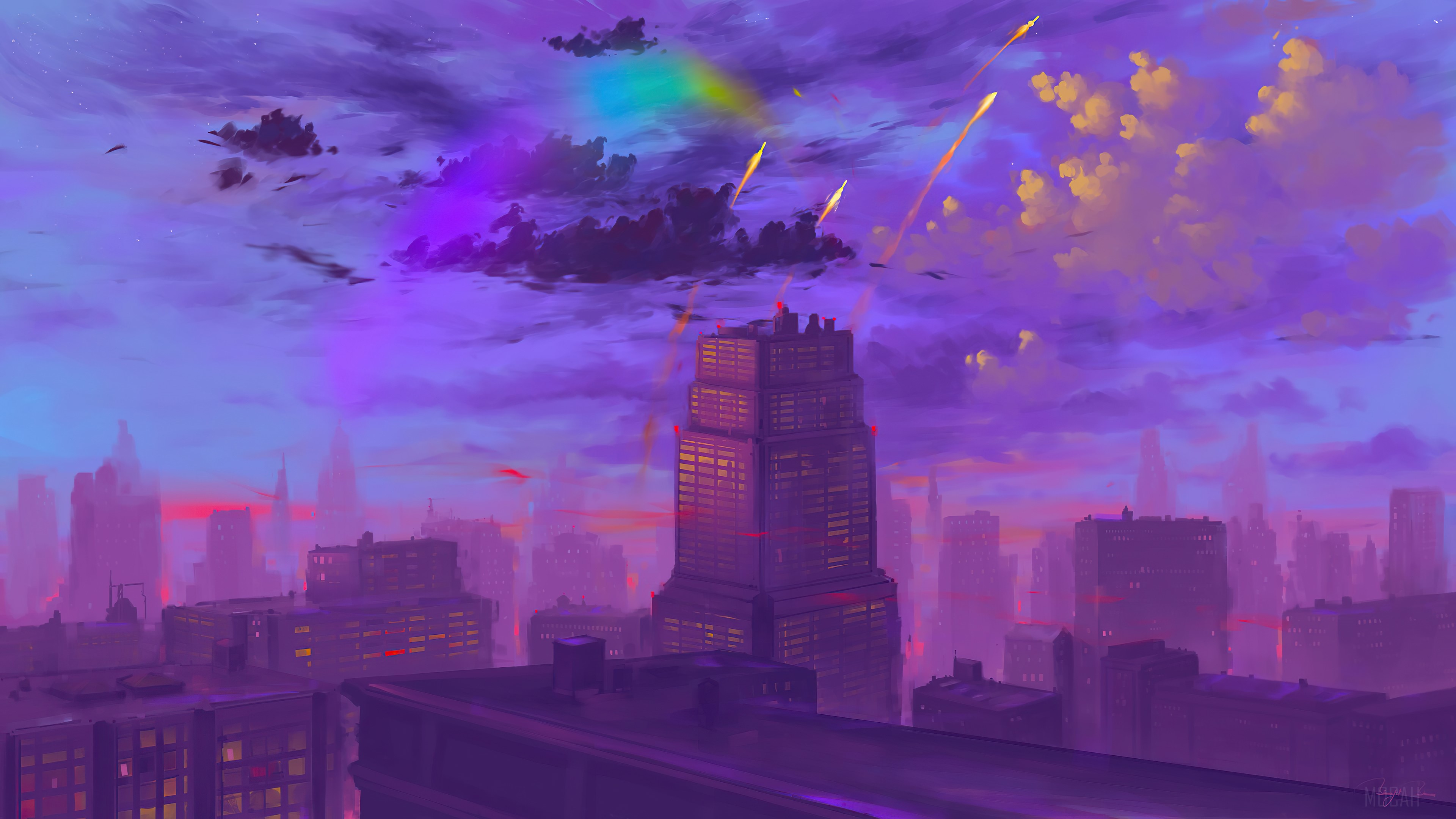 Digital Art 4K Cityscape with Purple Sky HD Wallpaper