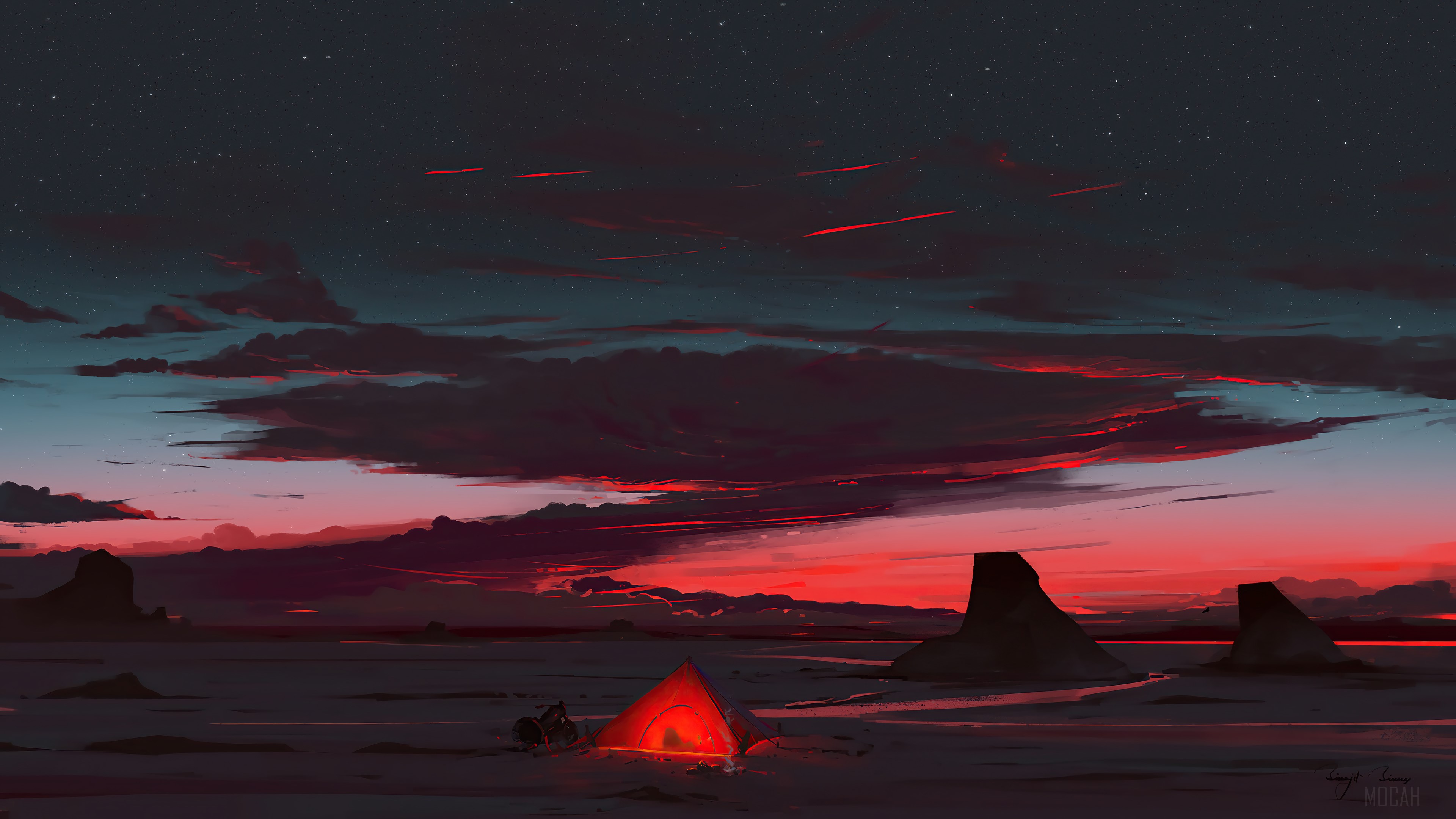 Camping at Sunset Landscape Scenery Digital Art 4K HD Wallpaper