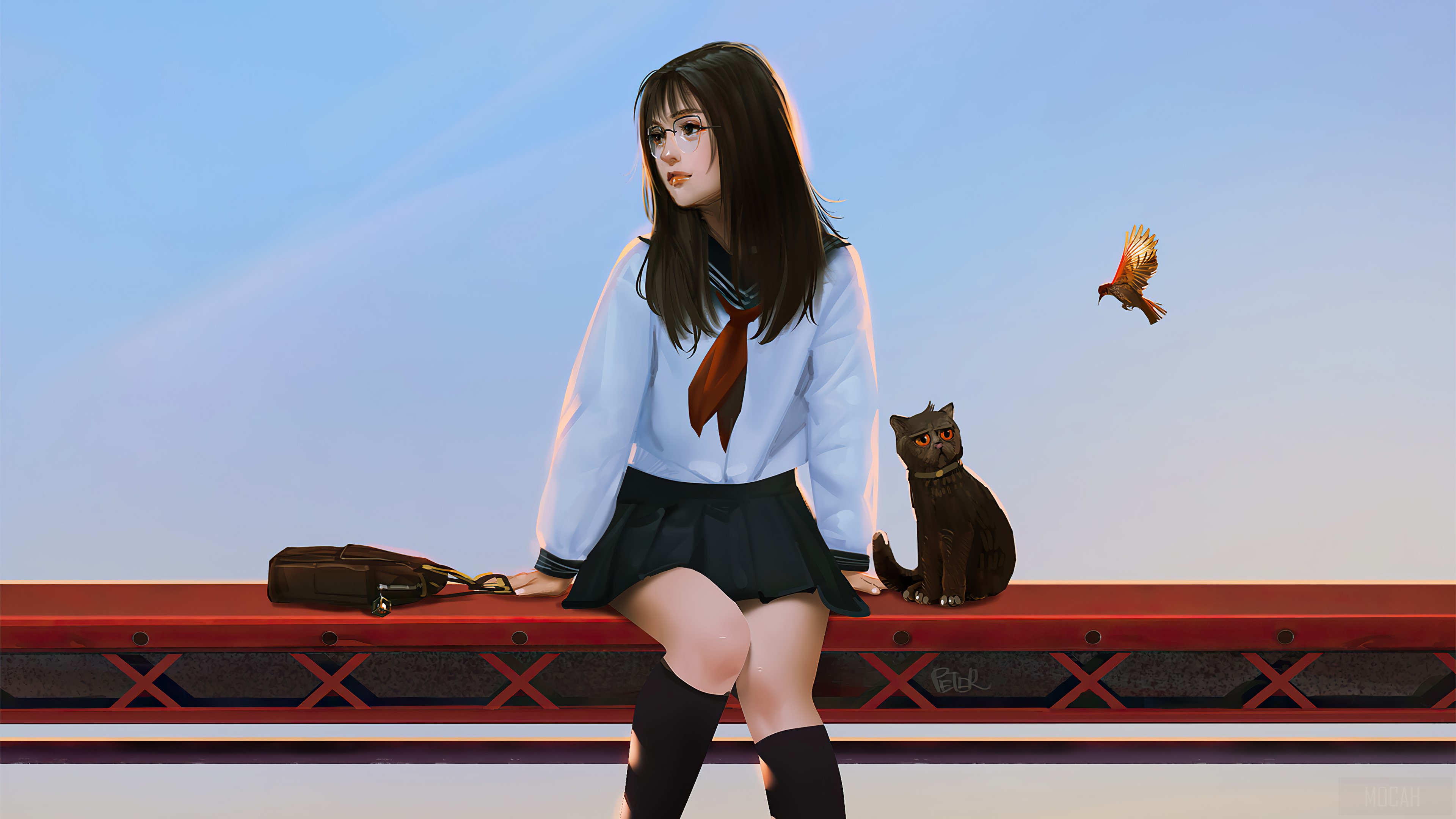 Anime girl in school uniform with cat and bird HD Wallpaper