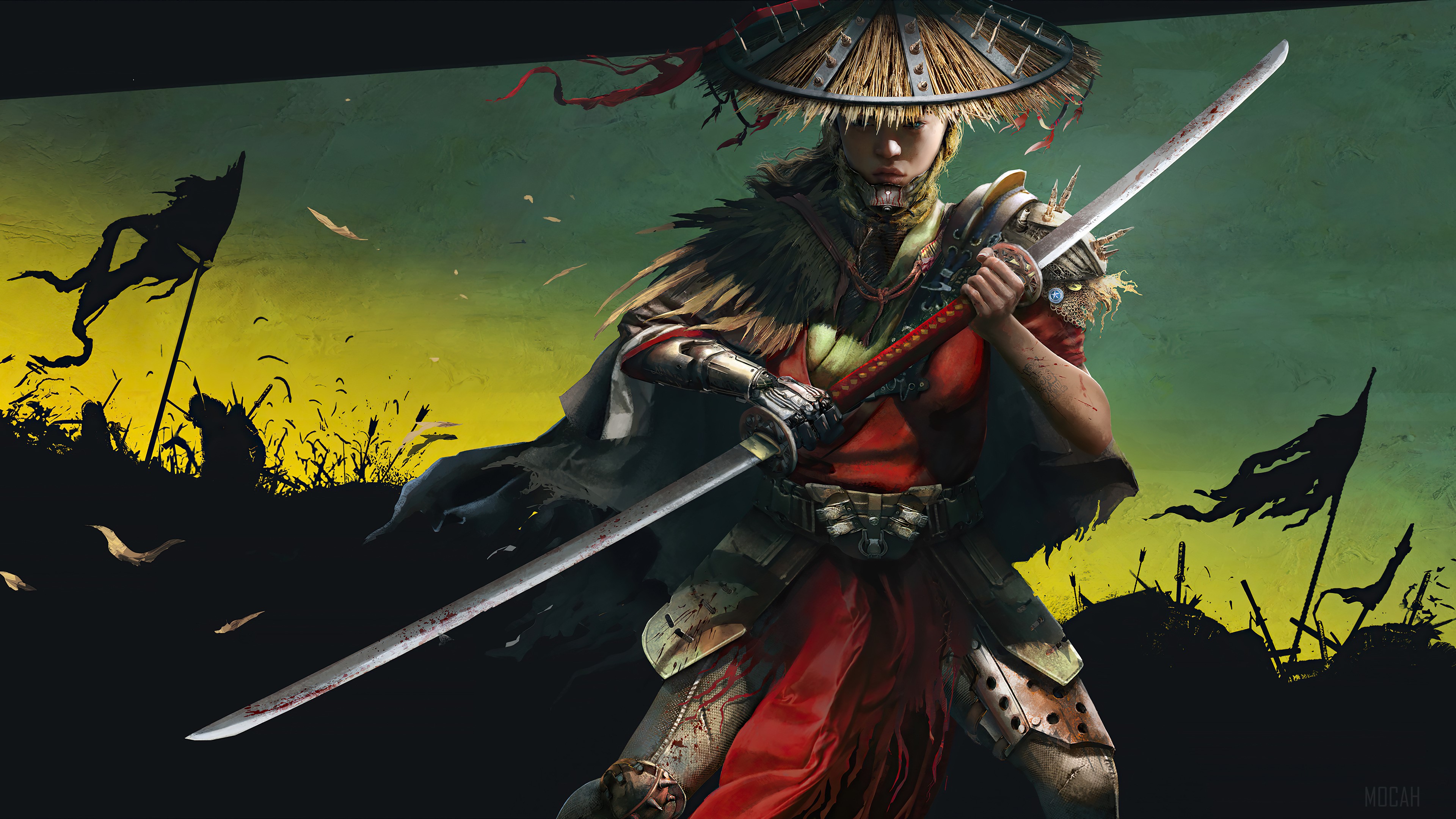 Samurai warrior girl with sword in a field HD Wallpaper